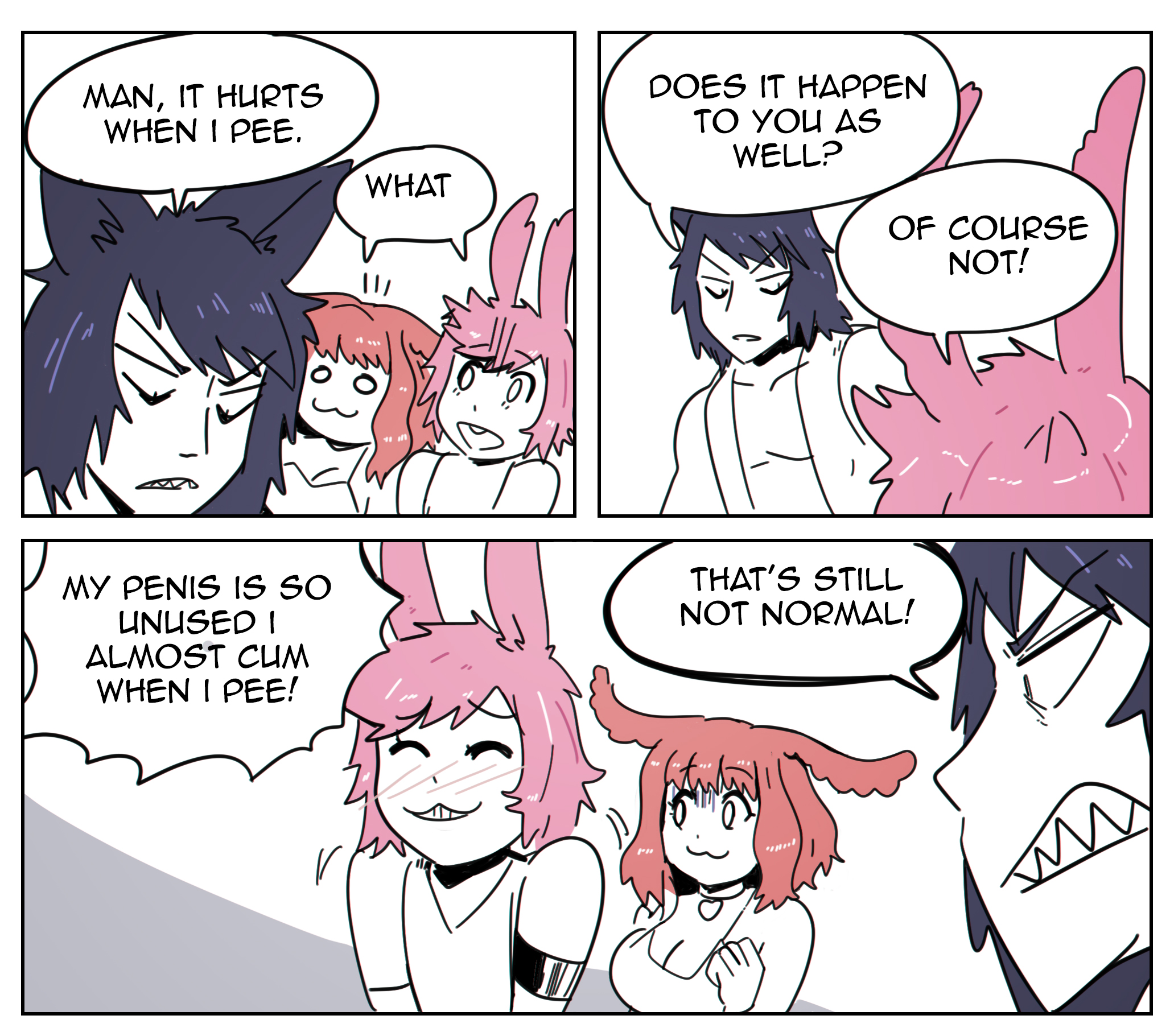 :3, 1girls, 2boys, animal ears, blush, bunny boy, bunny ears, bunny girl, closed eyes, comic, english text, female, femboy, male, netorare, open mouth, original, red hair, sharp teeth, short hair, shoulder length hair, smile, sunny (wolfgang bang), text, text bubble, tommy (wolfgang bang), wolfgang bang