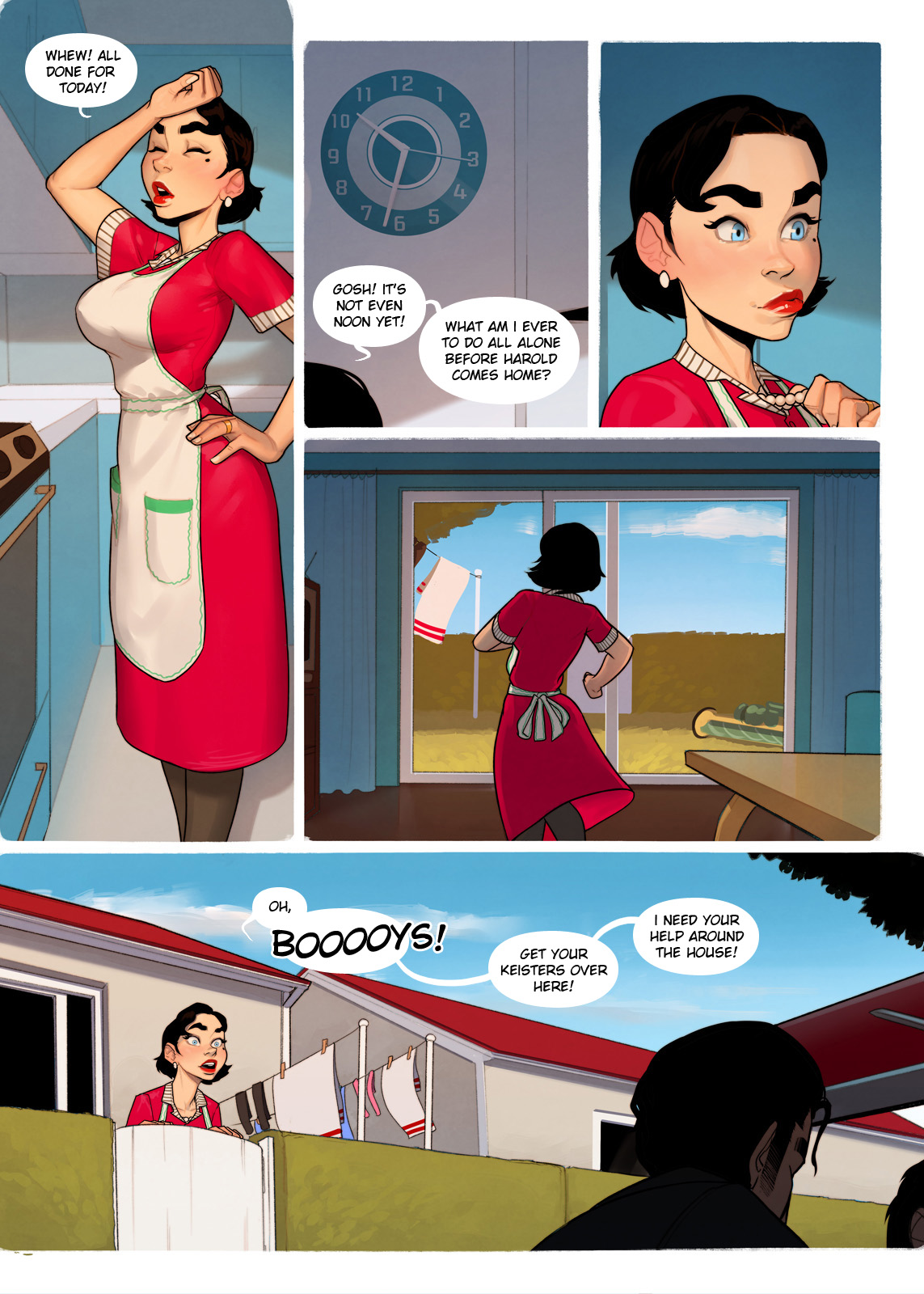 1girls, 2boys, apron, black hair, blue eyes, comic, comic page, comic panel, female, incase, lipstick, male, red lipstick, tagme, wife