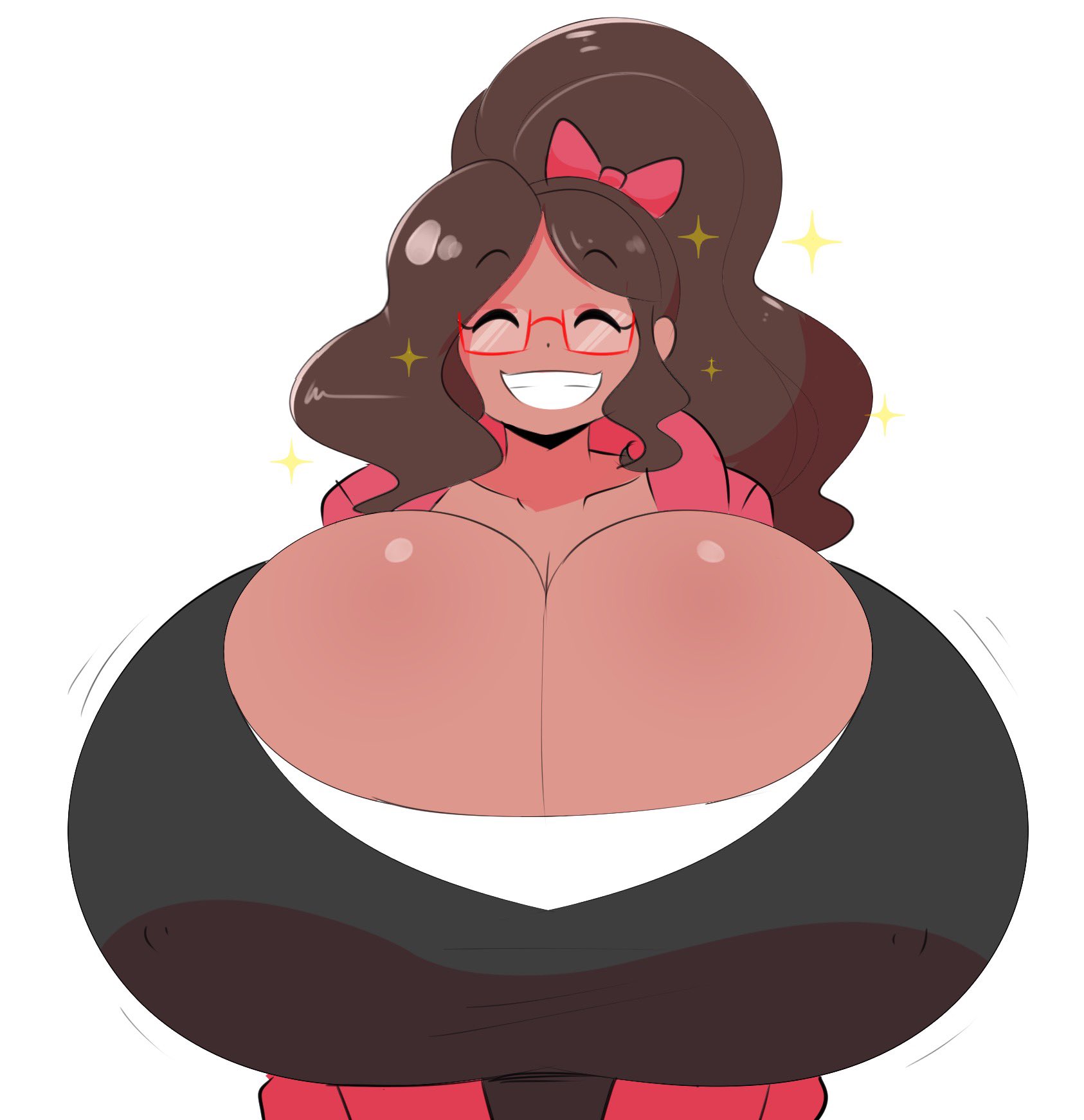big breasts, bow, breasts, cleavage, eyebrows visible through hair, eyes closed, female, gigantic breasts, huge breasts, maddie (eimmikha), smile, sparkles, tagme, theycallhimcake