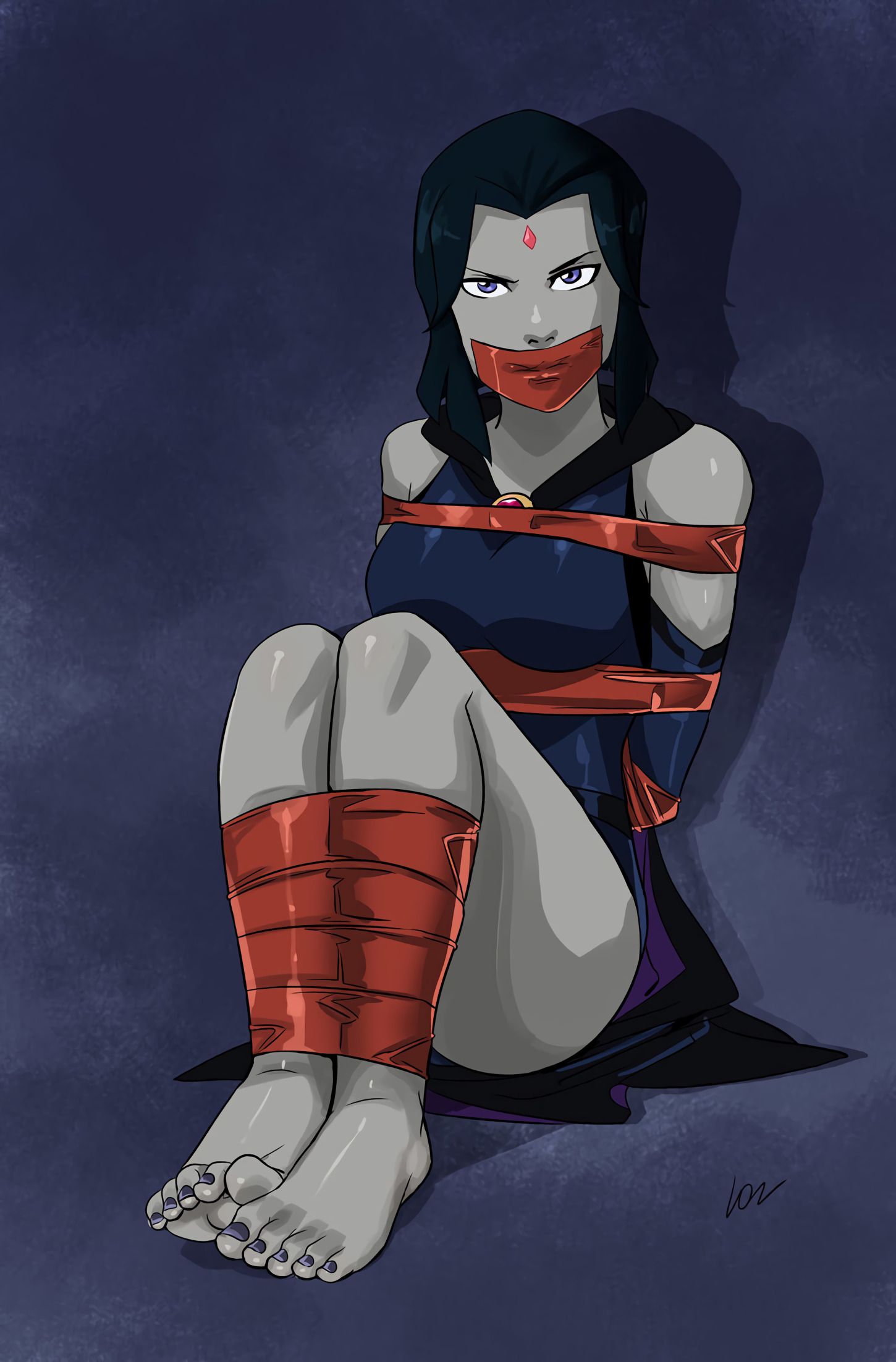 angry face, arms behind back, ass, bare legs, bare shoulders, bare toes, barefoot, bondage, breasts, cape, captured, cloak, dark blue hair, dark hair, dc, dc comics, dcamu, demon, demon girl, exposed feet, feet, female, femsub, gag, gagged, glaring, gloves, goth, goth girl, helpless, hood, hood down, justice league vs teen titans, kidnapped, legs, leotard, looking at viewer, lostonezero, purple eyes, rachel roth, raven (dc), restrained, shoes removed, short hair, sleeves, socks removed, soles, solo, tape bondage, tape gag, teen titans, thighs, tight clothing, toe curl, toenail polish, toenails, toes