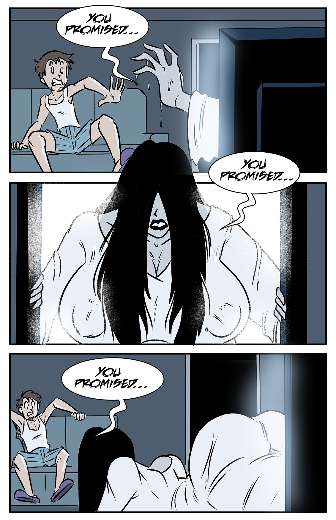 1boy, 1girls, ass, big breasts, black hair, black lipstick, breasts, female, female focus, ghost girl, glassfish, hair over eyes, male, monster girl, the ring, wide hips, yamamura sadako
