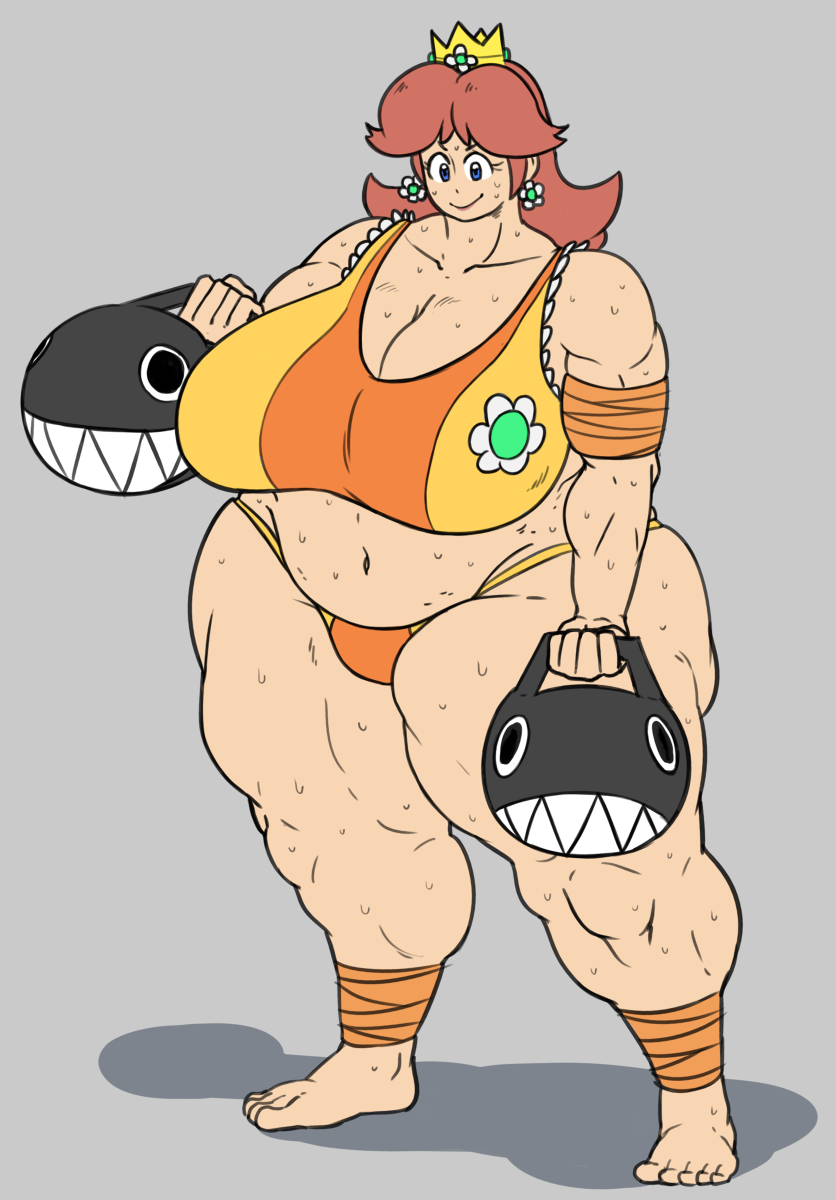 1girls 2019 2022 bbw breasts brown_hair chain_chomp cleavage crown curvaceous curvy earrings exercise fat female female_focus huge_breasts huge_thighs mario_(series) musclegut muscular muscular_female muscular_thighs nintendo overlordzeon princess_daisy short_hair solo solo_female solo_focus super_mario_bros. sweat sweating thick_thighs thighs voluptuous weightlifting zeon_(pixiv722928)