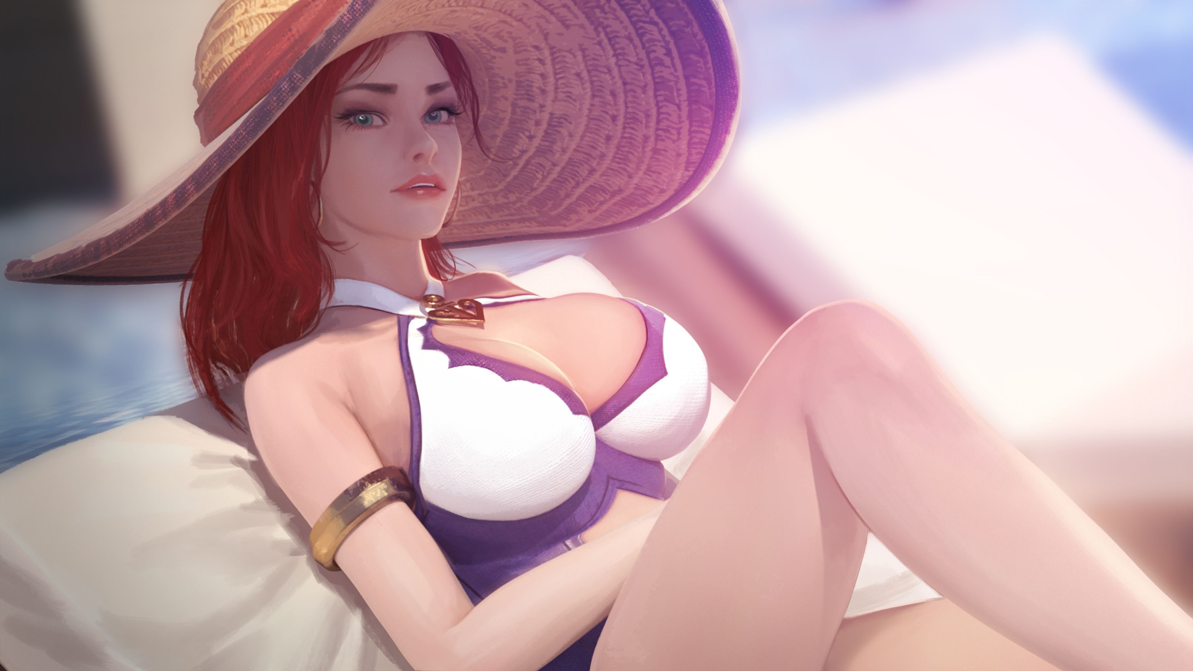 blue eyes, breasts, cleavage, female, firolian, hat, league of legends, miss fortune, pool party miss fortune, pool party series, red hair, riot games, swimsuit, tagme