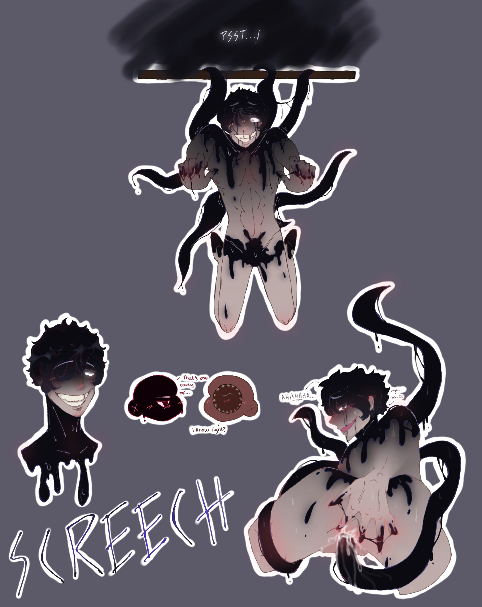 1boy, abs, ambiguous gender, ambiguous penetration, black hair, black tentacles, doors (roblox), female, figure (doors), gay, grin, grinning, grinning at viewer, hair, humanized, humanoid, living4leo, looking at viewer, male, male only, masturbation, naked, nude, pussy, reaching out, reaching towards viewer, roblox, roblox game, screech (doors), seek (doors), short hair, smile, tagme, tentacle, tentacle in pussy, text, whispering