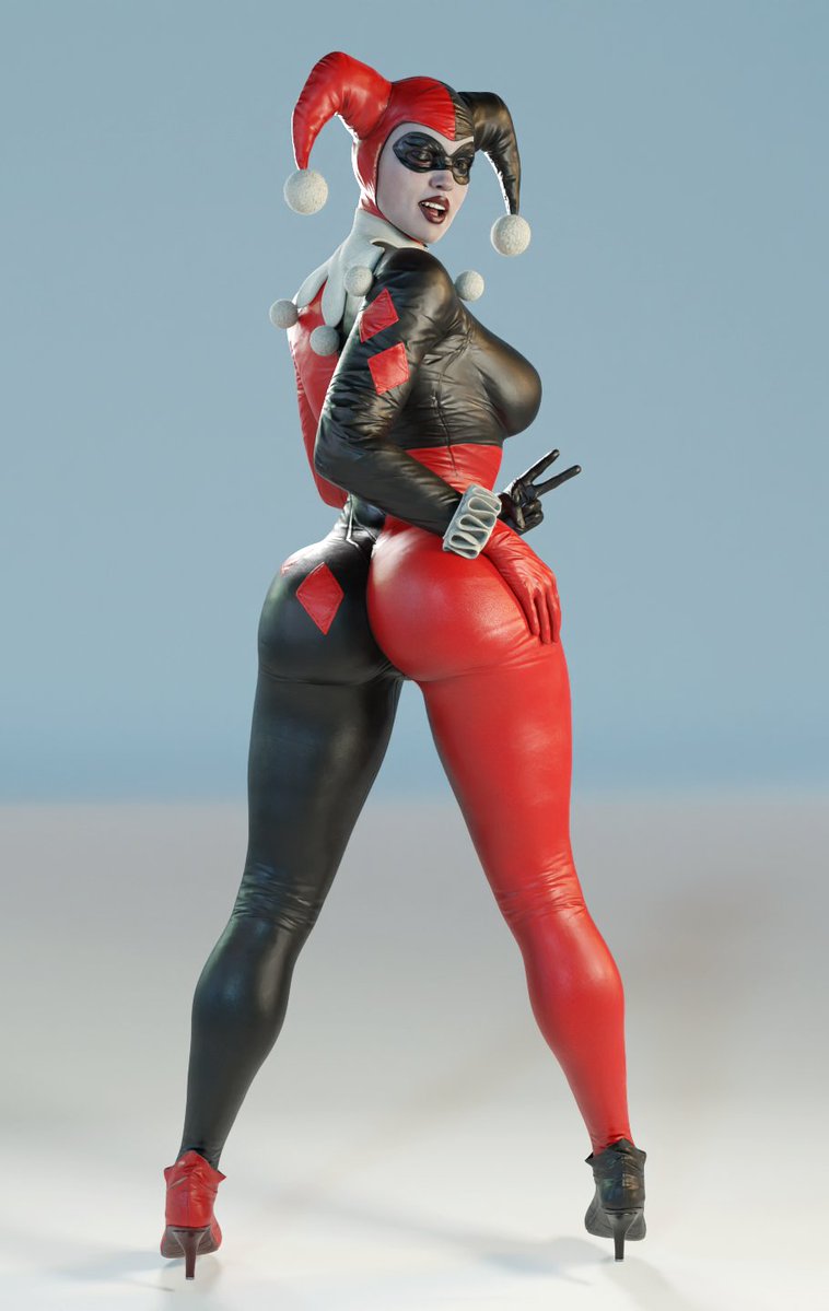 1girls, 3d, 3d (artwork), ass, back view, batman (series), big ass, blender (software), bodysuit, dc, dc comics, female, female only, hands on ass, harley quinn, harley quinn (classic), harley quinn (injustice), high heels, injustice 2, light skin, light-skinned female, looking back, pale skin, pale-skinned female, rear view, smitty34, solo, solo female, tagme, thick thighs, villain