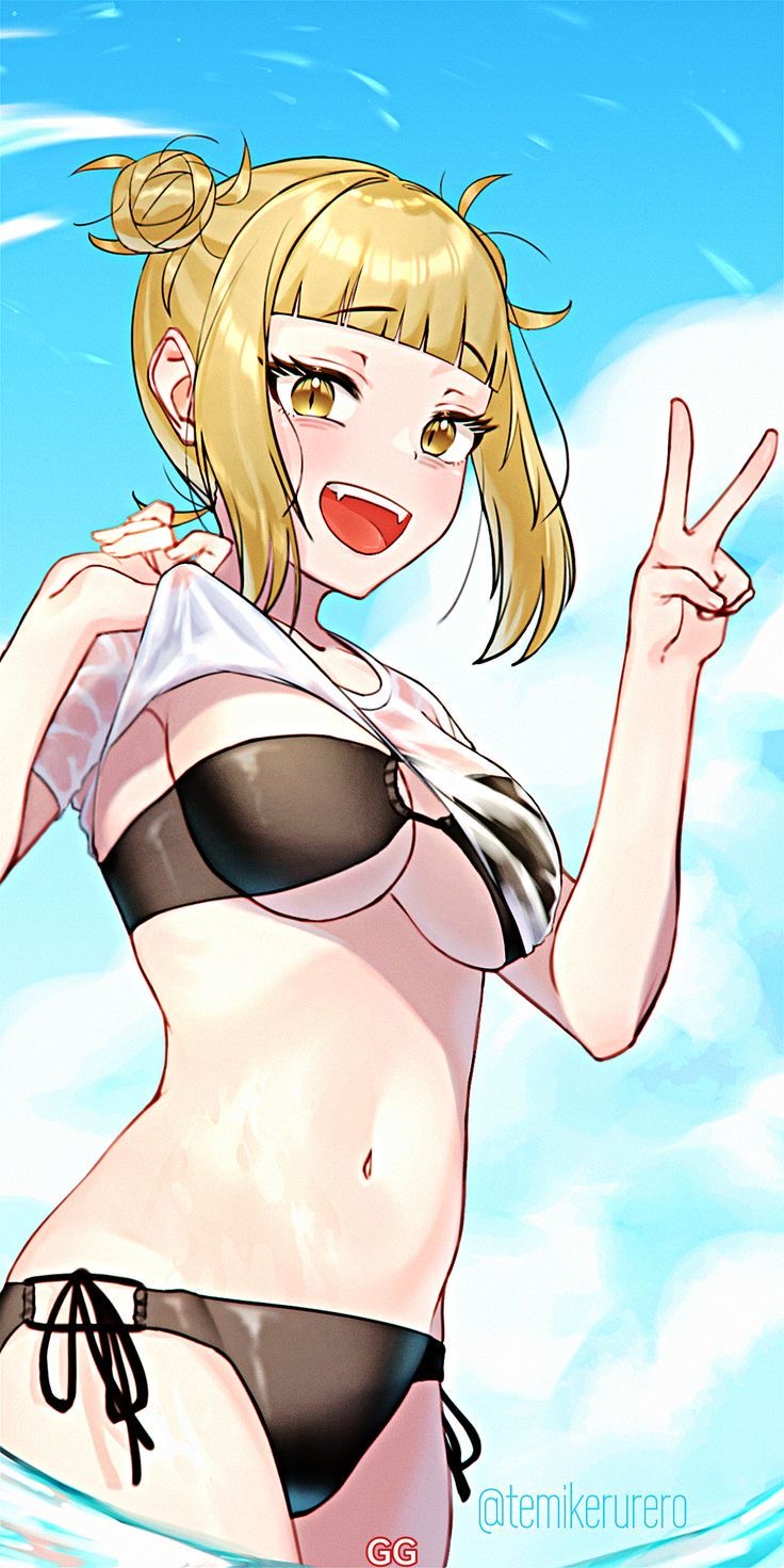 1girls, beach, big breasts, black swimsuit, blonde hair, blonde-haired female, breasts, female, happy, himiko toga, my hero academia, open mouth, peace sign, pulled up shirt, temikerurero, twintails, water, white shirt
