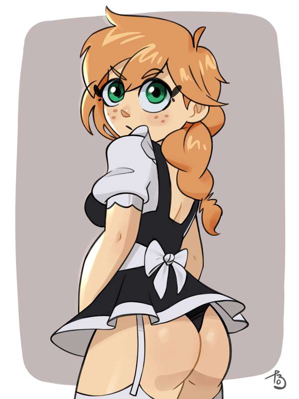 1girls, alex (minecraft), alternate version available, artist signature, ass, ass focus, backside, braided ponytail, clothing, cute, female, freckles, garter straps, green eyes, looking back, maid, maid uniform, minecraft, mojang, orange hair, panties, short dress, skimpy dress, solo, stockings, thick thighs, thighhighs, tobi (artist), tobiart, wide hips