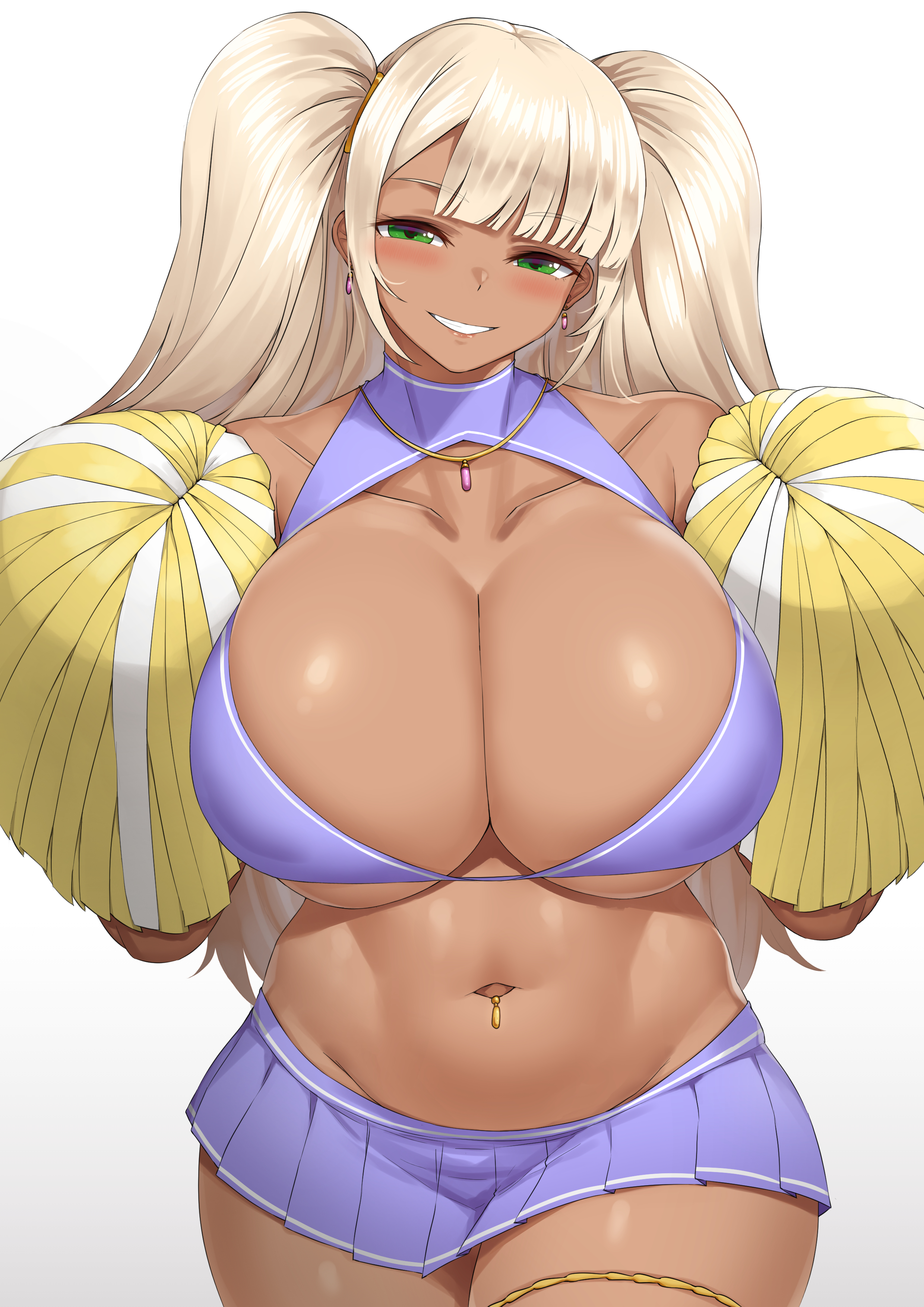 blonde hair, blush, breasts, cheerleader, cheerleader uniform, cho!cho!, cleavage, dark skin, dark-skinned female, earrings, female, green eyes, gyaru, hi res, huge breasts, long hair, miniskirt, navel, necklace, original, plump, skirt, smile, thick thighs, twintails, white background, wide hips