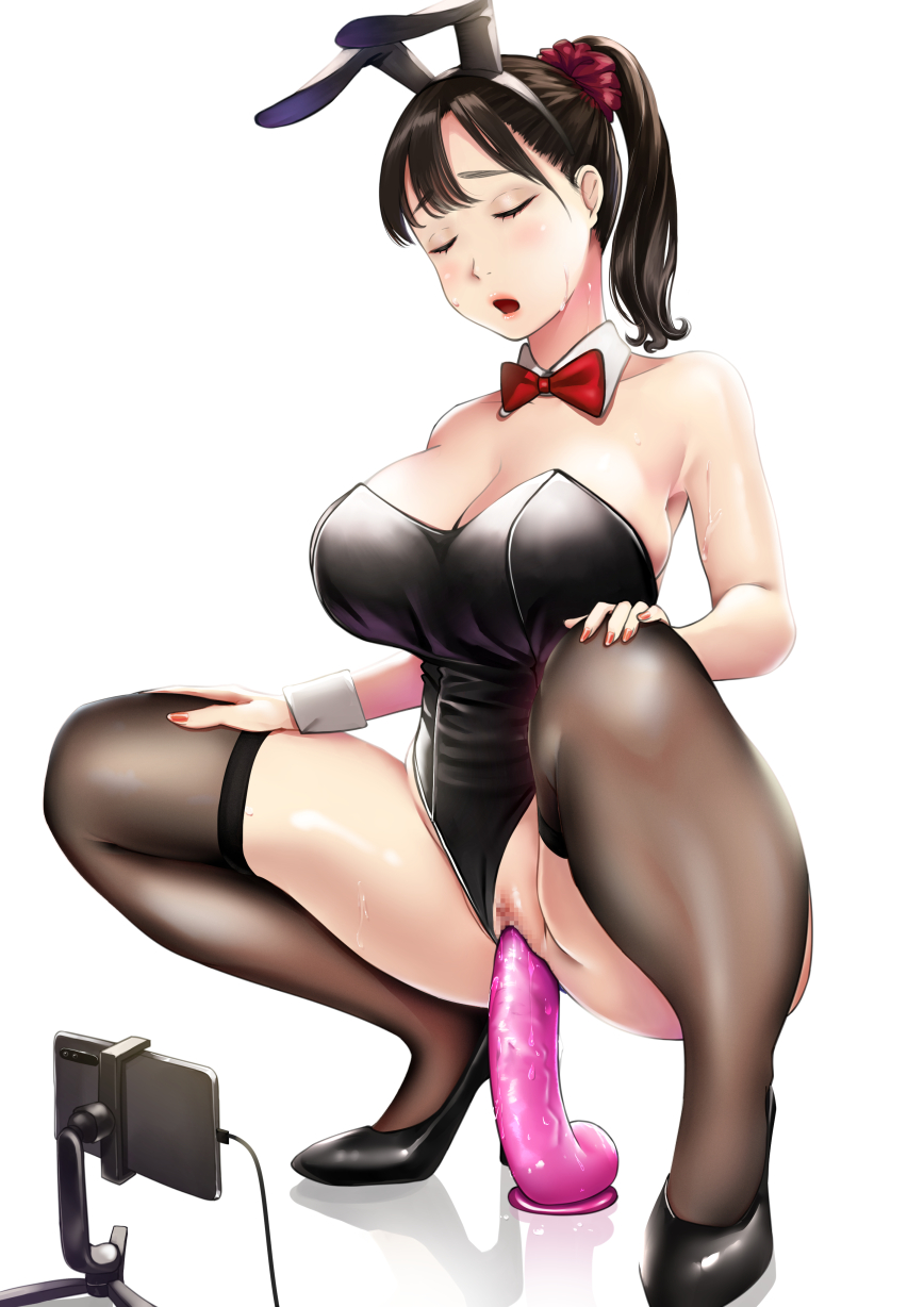 1girls animal_ears bare_shoulders black_footwear black_hair black_hairband black_thighhighs bow bowtie breasts cellphone censored cleavage clothing_aside detached_collar dildo facing_viewer fake_animal_ears female female_masturbation female_only hair_ornament hair_scrunchie hairband hands_on_own_knees high_heels highres large_breasts leotard leotard_aside masturbation medium_hair mosaic_censoring nail_polish neko_neko_koneko object_insertion open_mouth original paid_reward_available phone playboy_bunny ponytail pussy rabbit_ears red_bow red_bowtie red_nails red_scrunchie reflection scrunchie sex_toy simple_background smartphone solo solo_female spread_legs squatting strapless strapless_leotard sweat thighhighs vaginal_object_insertion vaginal_penetration white_background wrist_cuffs