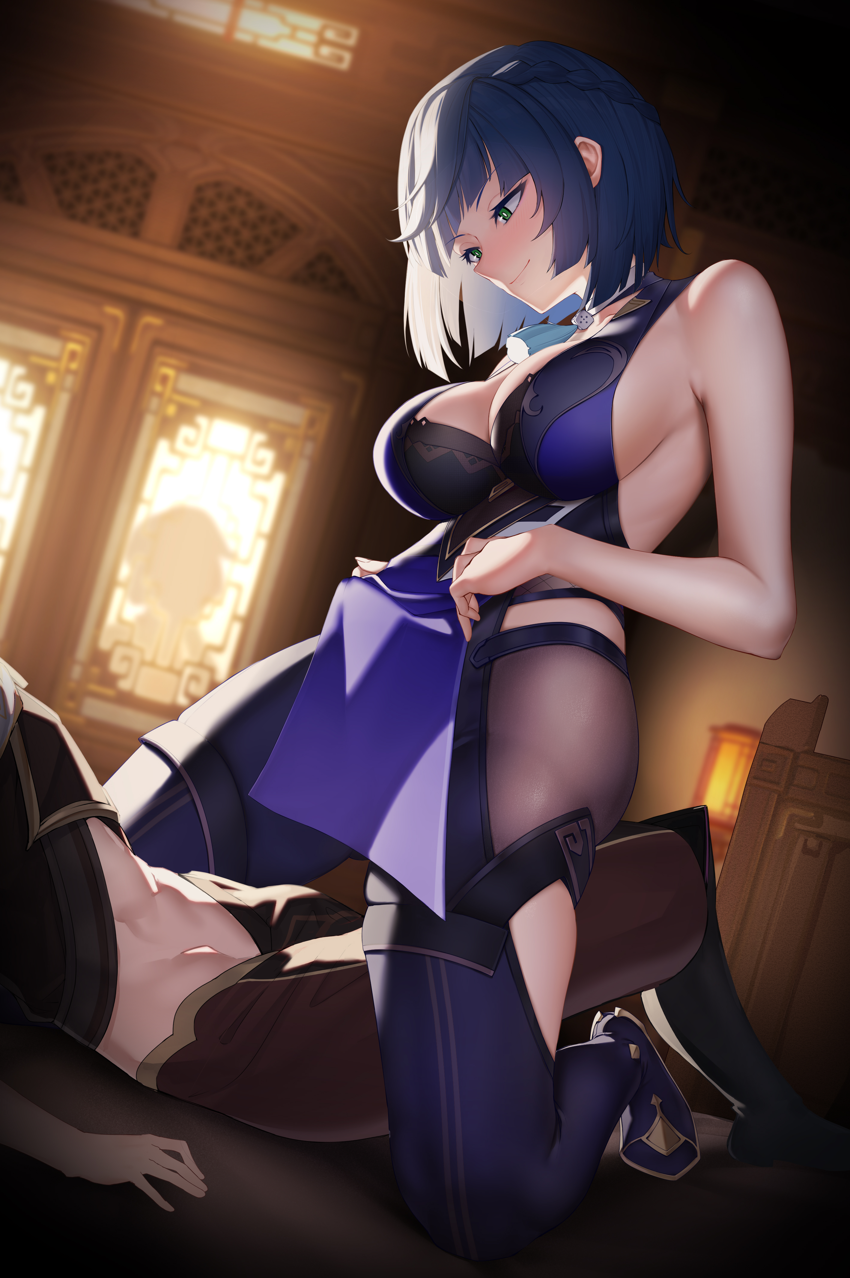 1boy, 1girls, aether (genshin impact), ass, big ass, big breasts, blue hair, breasts, bulge through clothing, colored, drawing, female, femdom, genshin impact, gloves, imminent sex, looking at partner's penis, male, mihoyo, penis, short hair, smiling, yelan (genshin impact)