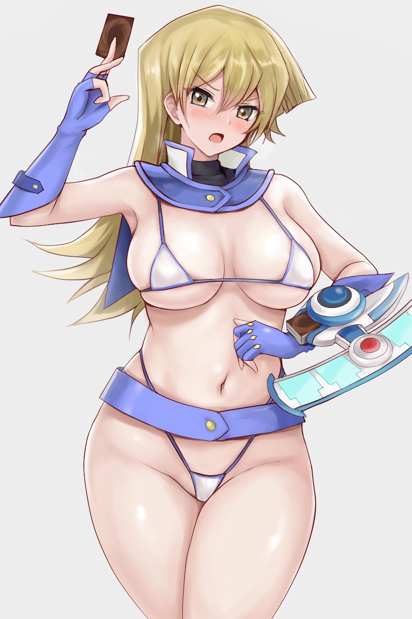 alexis rhodes, armpits, bare shoulders, blonde hair, blue gloves, blush, breasts, cleavage, embarrassed, embarrassing outfit, female, female only, large breasts, long hair, looking at viewer, open mouth, panties, r-binon, solo focus, string panties, tenjouin asuka, thick thighs, thighs, uncensored, underwear, white bra, white panties, wide hips, yellow eyes, yu-gi-oh!, yu-gi-oh! gx