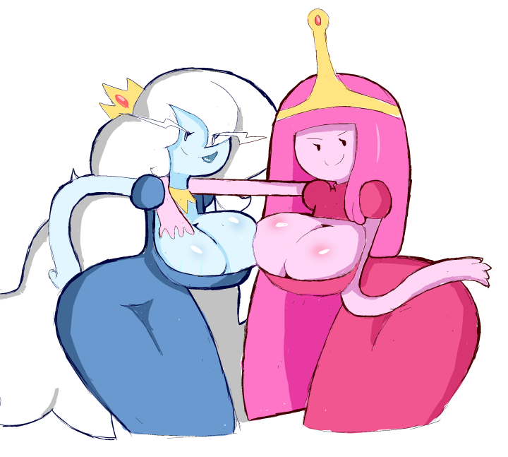 2girls adventure_time alternate_breast_size cleavage deep_cleavage eks-out female female_only huge_breasts ice_queen ice_queen_(adventure_time) mob_face princess_bubblegum seductive_smile tongue_out wide_hips