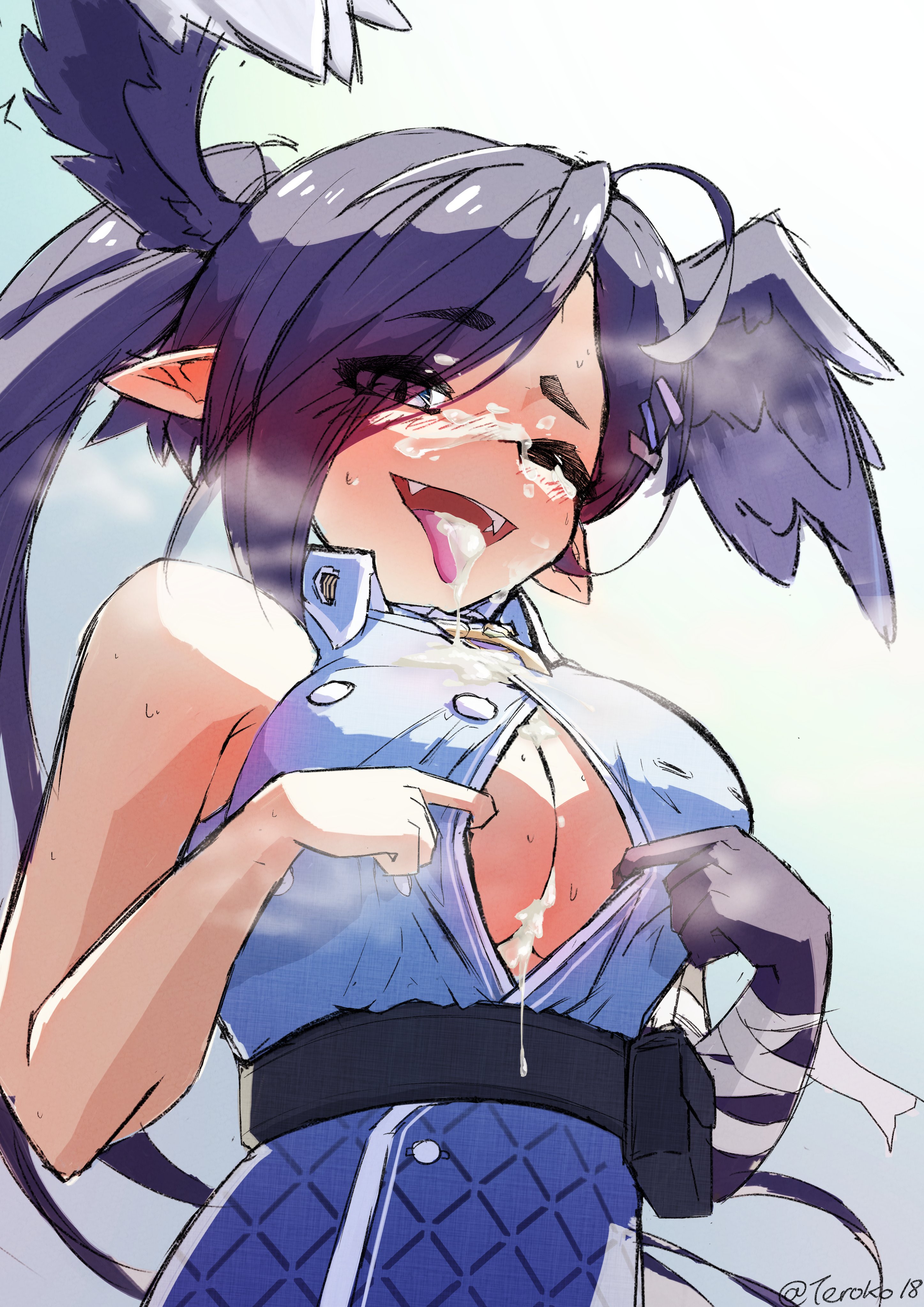 bandaged arm, below view, big breasts, blue eyes, boob window, breasts, cleavage, cum, cum between breasts, cum drip, cum dripping from mouth, cum in mouth, cum on clothes, cum on mouth, cum on tongue, dragon claw, dragon girl, exposed shoulders, fangs, female, hair wings, head wings, heterochromia, large breasts, light blue eyes, looking at viewer, looking down, nijisanji, nijisanji en, one eye closed, pink eyes, pointy ears, ponytail, purple hair, selen tatsuki, selen tatsuki (2nd costume), solo, solo female, solo focus, sweat, sweating, sweaty breasts, taroko3, tongue, tongue out, unbuttoned, unbuttoned shirt, virtual youtuber, white background