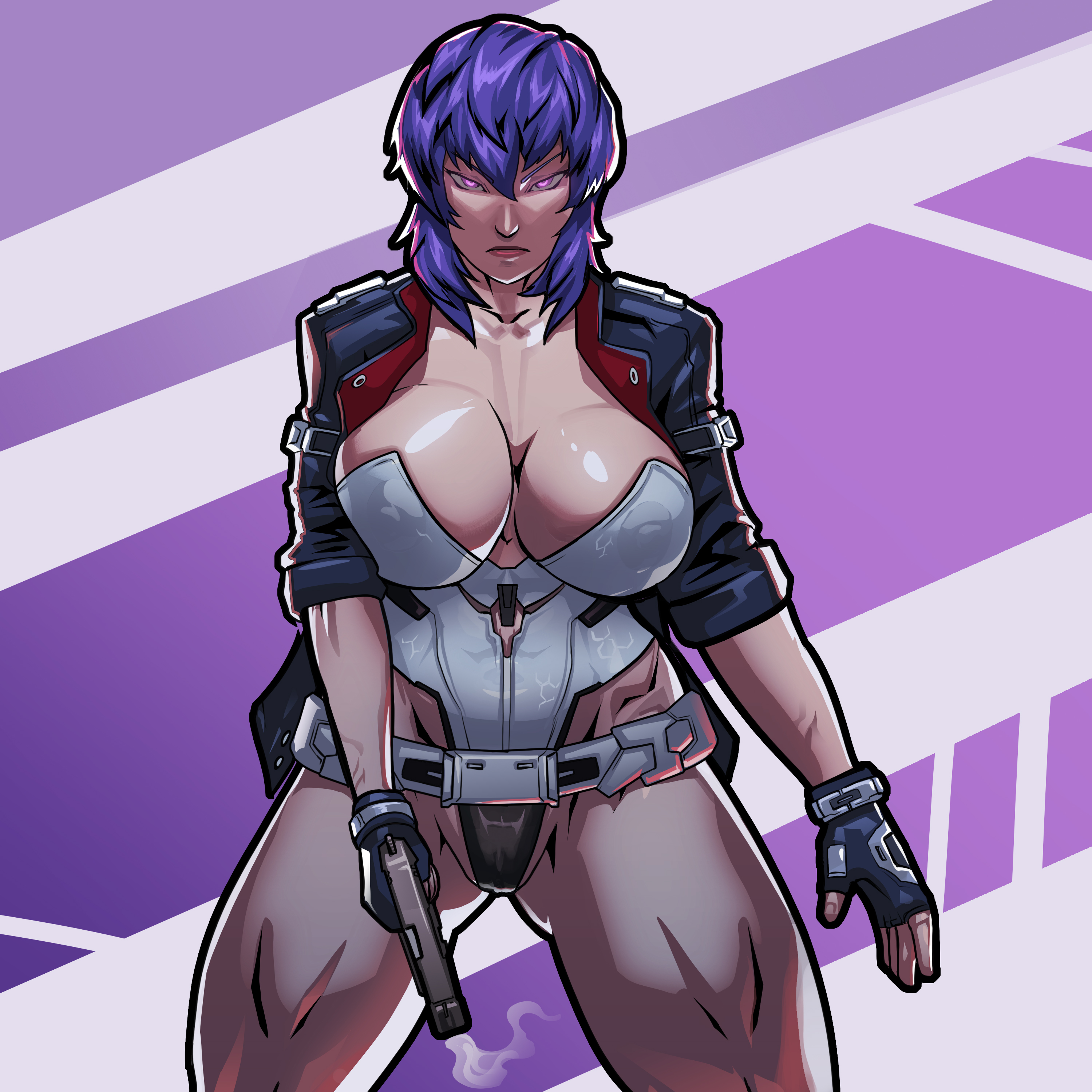 1girls, abs, big breasts, breasts, busty, clothing, cyborg, equinox006, erect nipples, female, female focus, female only, firearm, ghost in the shell, handgun, hourglass figure, human, kusanagi motoko, navel, nipples, nonsexual, outerwear, pale skin, pink eyes, pinup, pinup pose, purple hair, red eyes, standing, tagme, toned, toned female, weapon, wide hips