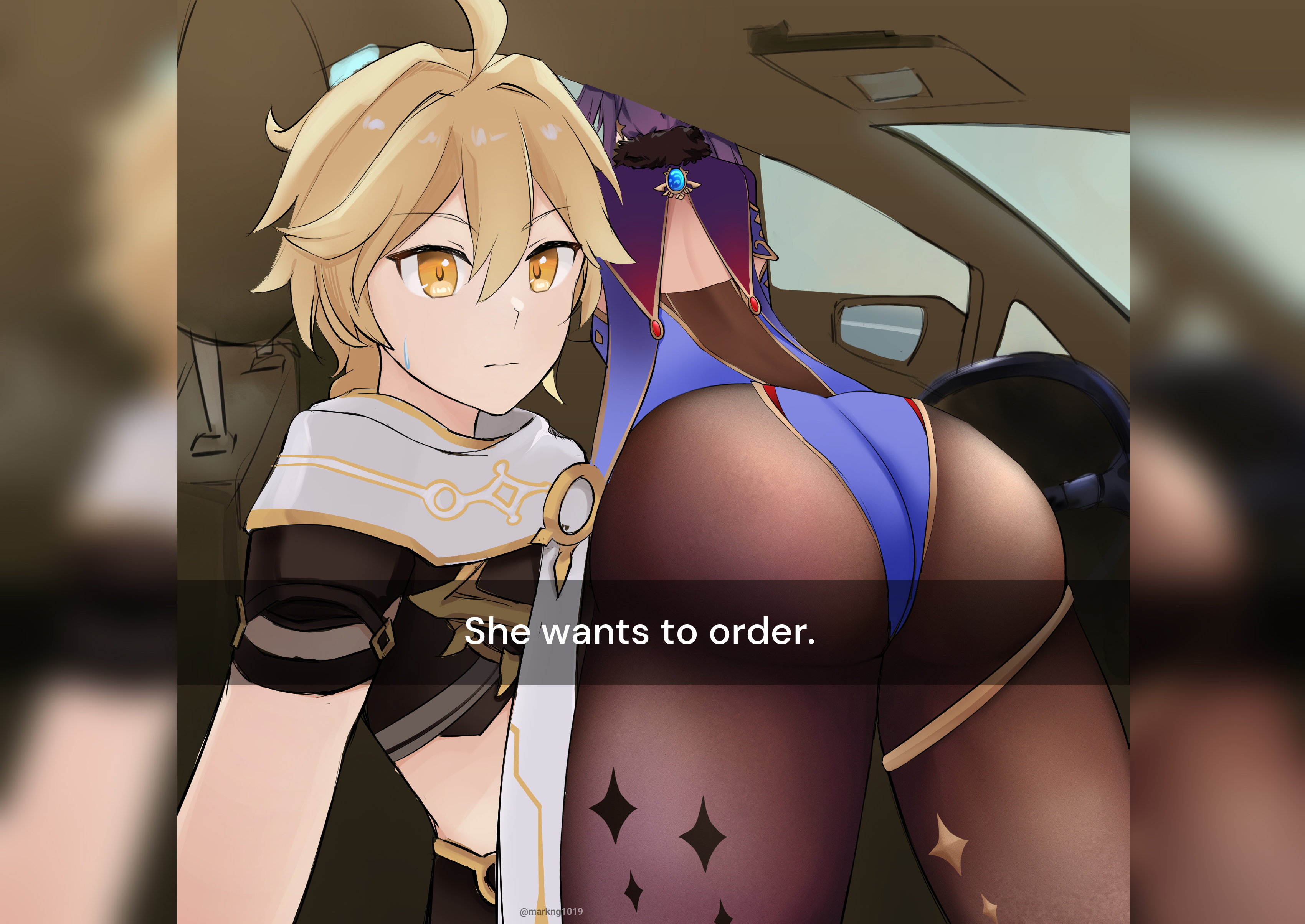 1boy, 1girls, aether (genshin impact), ass, big ass, big butt, blonde hair, drawing, fat ass, female, genshin impact, he wants to order, long hair, male, meme, mihoyo, mona (genshin impact), picture, selfie, text