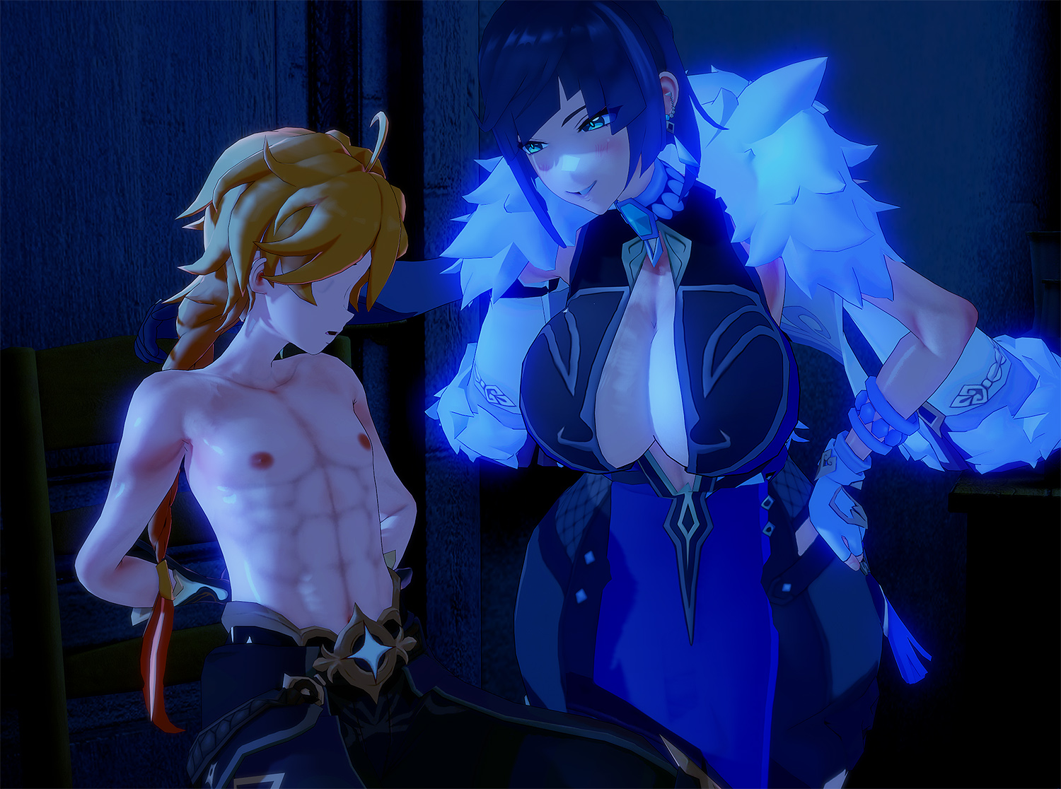 1boy, 1girls, 3d, 3d (artwork), aether (genshin impact), age difference, big breasts, blonde hair, blue hair, breasts, cocoron, female, genshin impact, imminent sex, koikatsu, long hair, male, mihoyo, muscular, muscular male, short hair, taller female, tied, yelan (genshin impact)