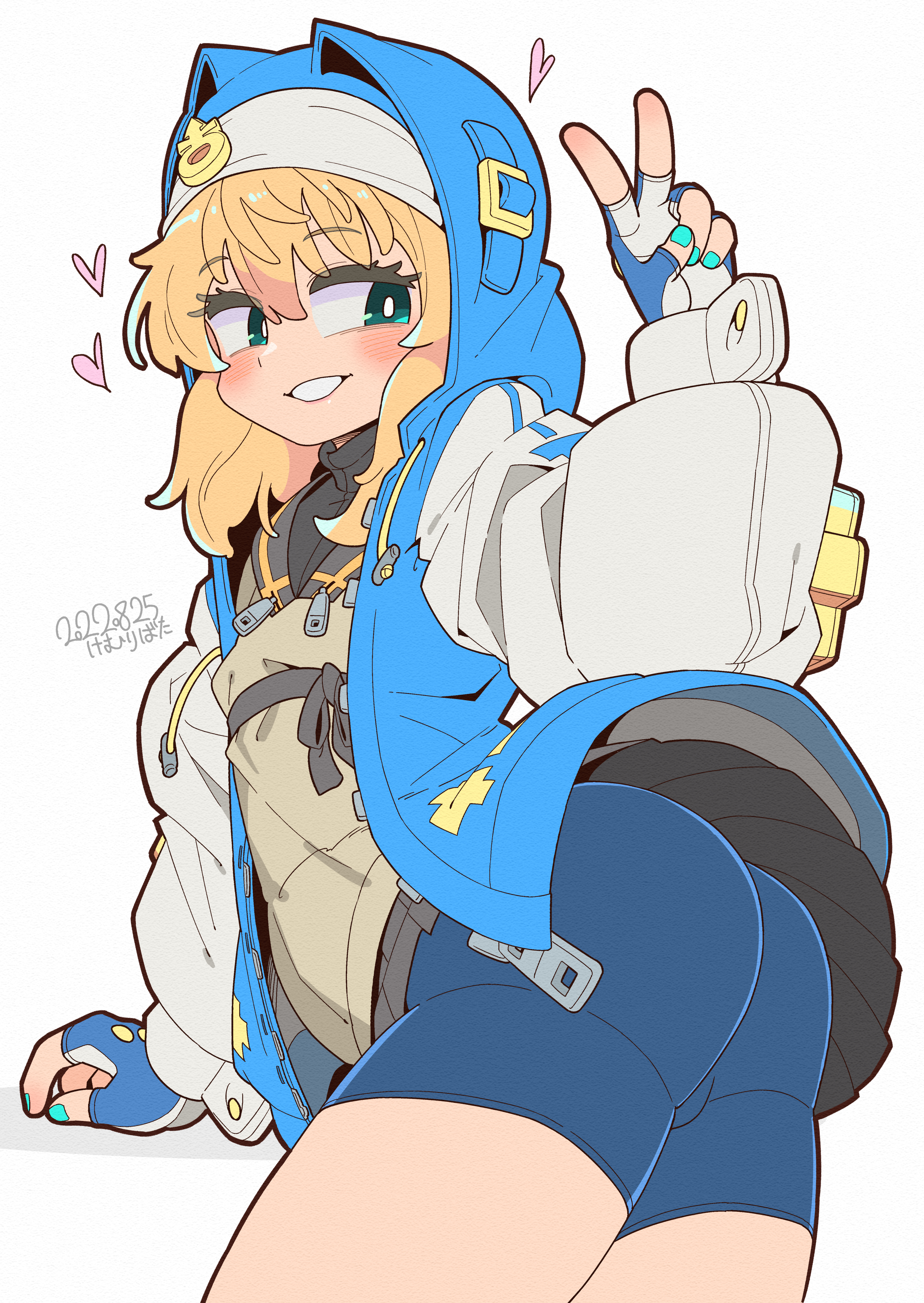 1boy, adorable, androgynous, aqua nails, ass, bike shorts, blonde hair, blue eyes, blush, bridget, bridget grin, compression shorts, fingerless gloves, fully clothed, gloves, guilty gear, guilty gear strive, hoodie, kemuribata, light skin, male, peace sign, shorts, solo, spandex shorts, thighs