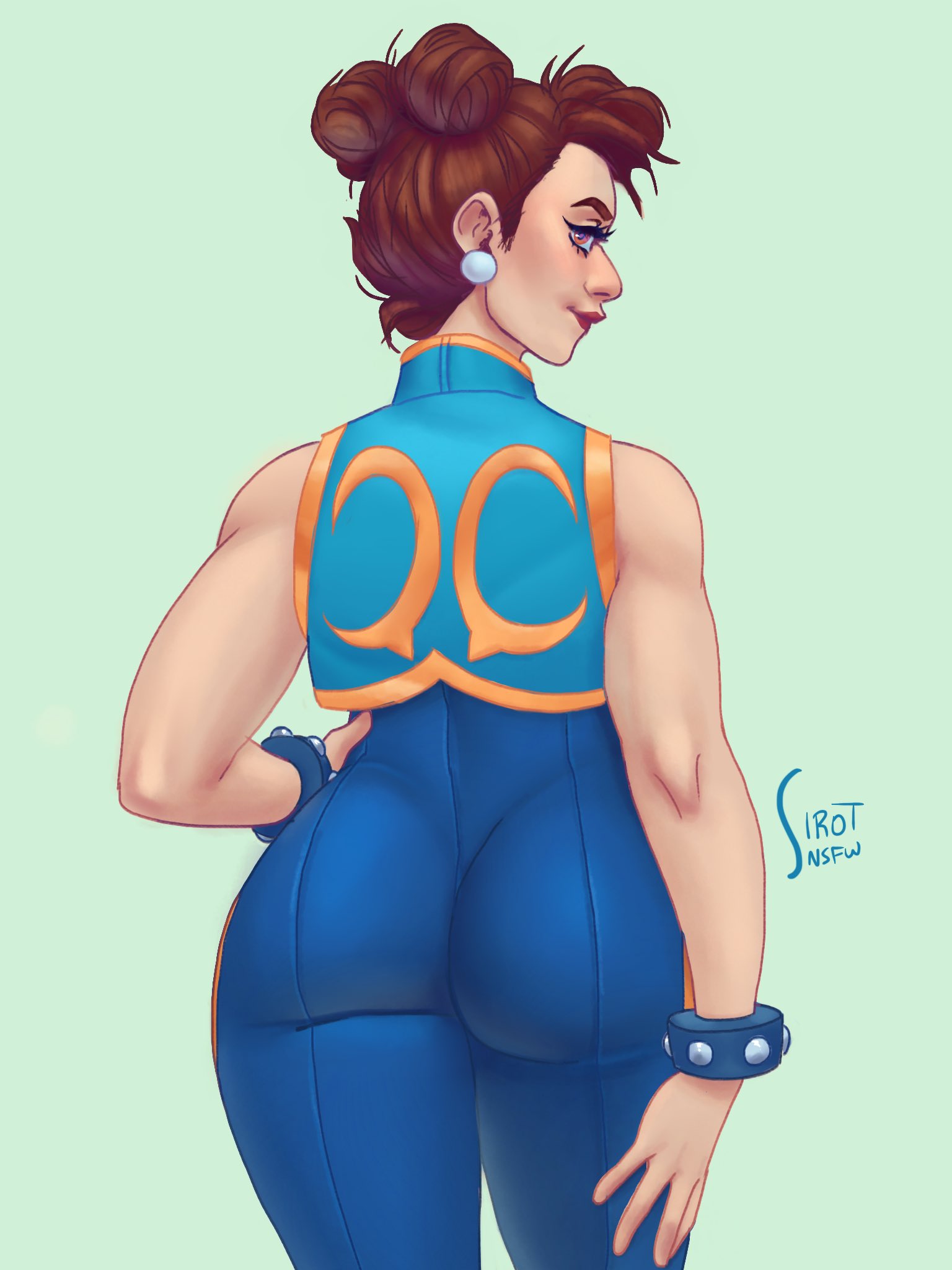 1girls 2019 ass back_view brown_hair capcom chun-li clothing earrings female female_only fully_clothed hair_buns hi_res looking_at_viewer looking_back narrowed_eyes red_lipstick sirot_nsfw solo solo_female spiked_bracelet street_fighter street_fighter_alpha tied_hair tight_clothing