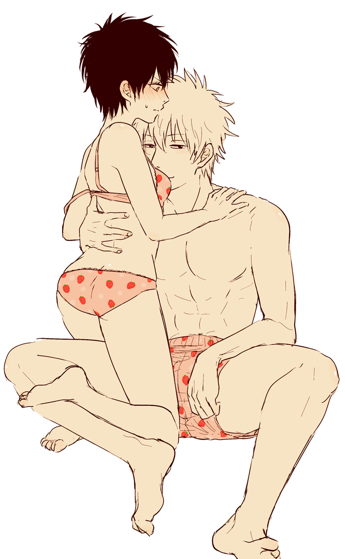 1boy 1girls ass_cleavage barefoot black_hair blush boxers bra butt_crack embarrassed female genderswap_(mtf) gintama gintoki_sakata hijikata_toshiro kneeling looking_at_viewer male mame_(pixiv) panties rule_63 short_hair smile strawberry_print sweatdrop tomboy topless_male underwear very_short_hair