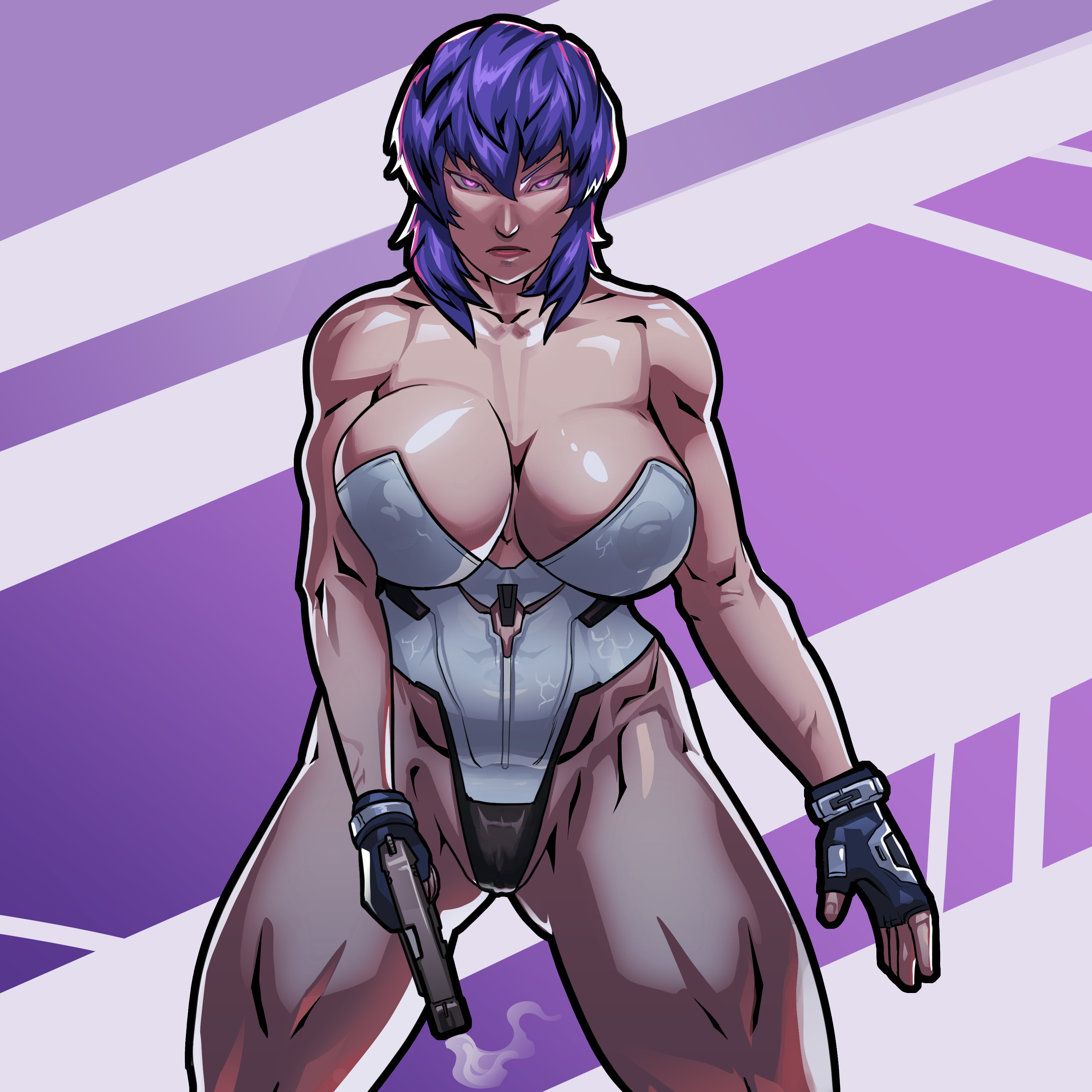 1girls, abs, big breasts, breasts, busty, cyborg, equinox006, erect nipples, female, female focus, female only, ghost in the shell, hourglass figure, kusanagi motoko, navel, nipples, pink eyes, pinup, pinup pose, purple hair, red eyes, standing, tagme, toned, toned female, wide hips