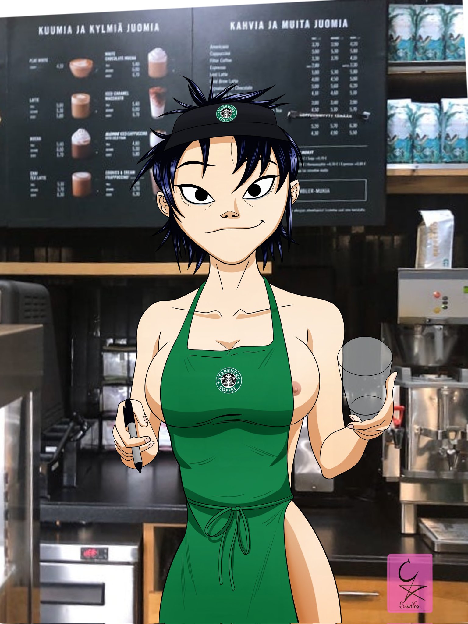 apron, apron only, areola slip, asian, asian female, breasts, casual, cockstar studios, female, gorillaz, hi res, human, iced latte with breast milk, meme, nipple slip, nipples, noodle (gorillaz), nude, outerwear, pale skin, public, starbucks, tagme, uniform