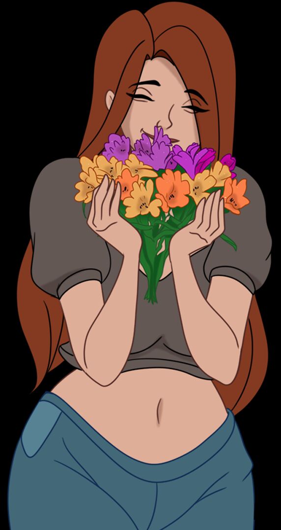 1girls blue_eyes brown_hair clothed crop_top discreenvision exposed_belly female female_focus female_only flowers happy hips hourglass_figure inusen long_hair smelling_flower smile the_secret_of_the_house tight_jeans tina_(discreenvision) voluptuous