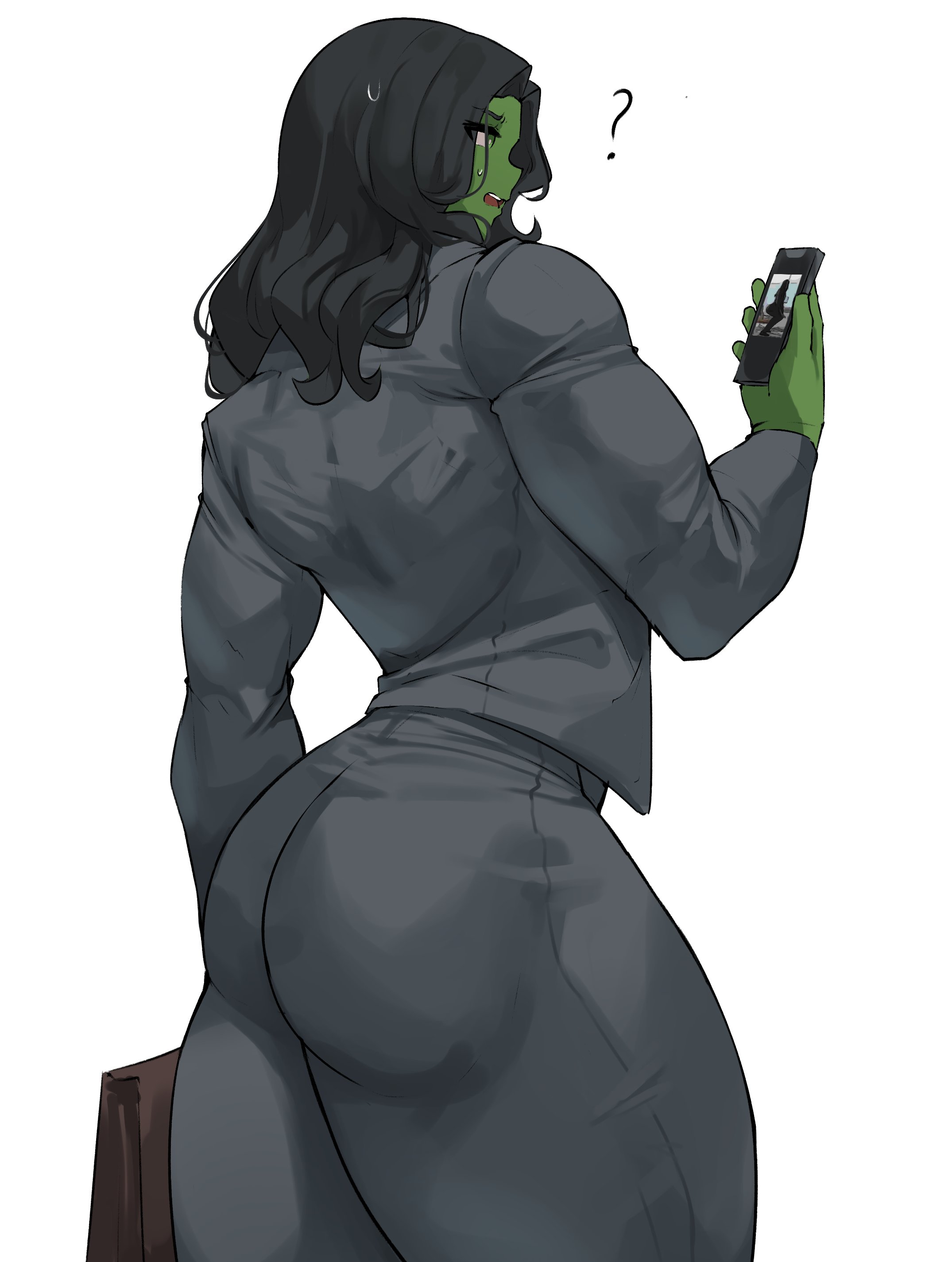 1girls, ass, big ass, black hair, business attire, business suit, cellphone, colored skin, confused look, female, female only, formal, fully clothed, green skin, green-skinned female, hulk (series), long hair, marvel, marvel comics, musctonk, muscular, muscular female, office clothing, open mouth, phone, rear view, she-hulk, she-hulk: attorney at law, solo, suit, surprised expression, thick ass, thick thighs, white background