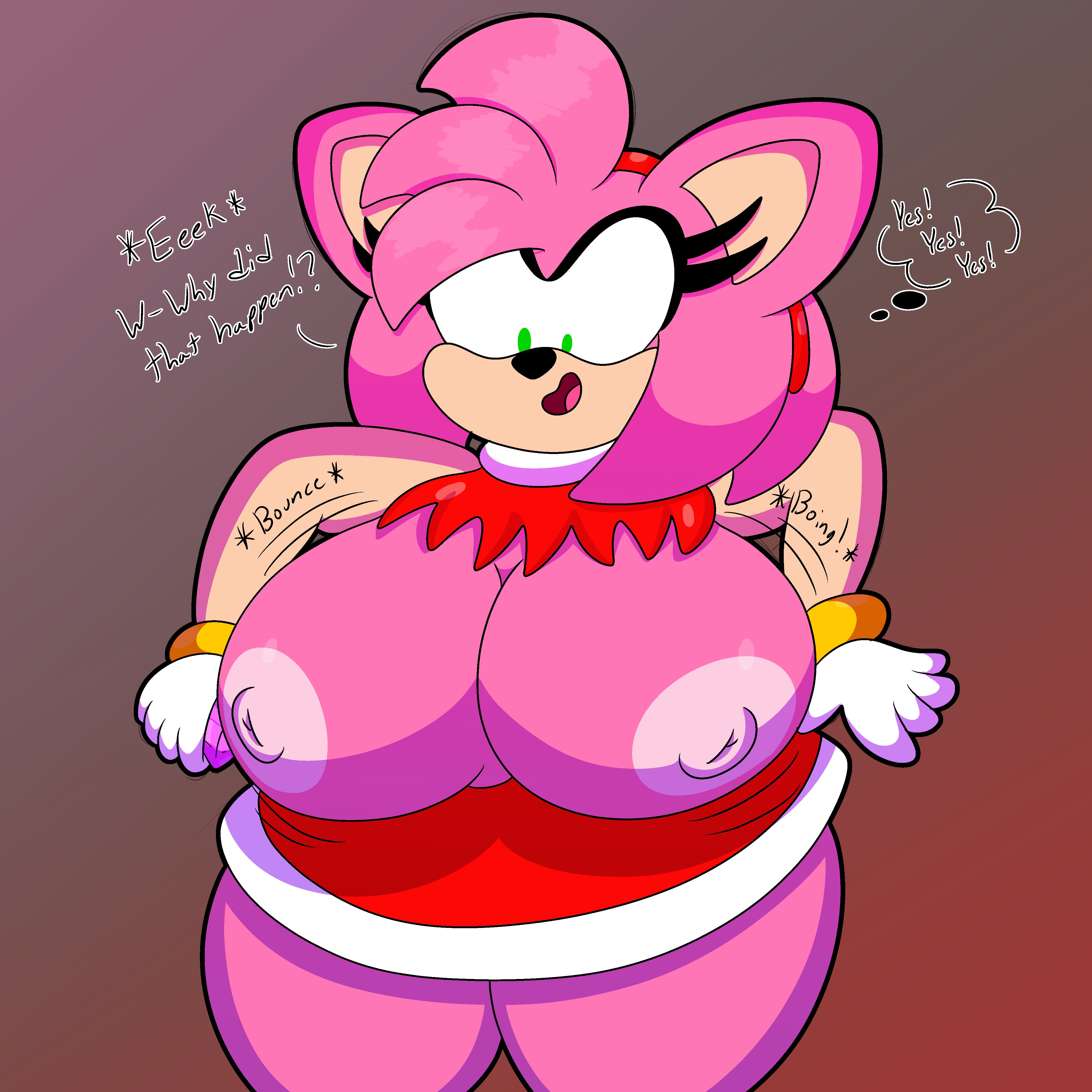 1:1, 1girls, 2020, 3barts, absurd res, accessory, amy rose, anthro, areola, areolae, big areola, big breasts, bouncing breasts, breast expansion, breast growth, breast growth (enlargement), breast jiggle, breasts, busty, chaos emerald, child bearing hips, clothing, curvy, curvy body, curvy female, curvy figure, dialogue, digital drawing (artwork), digital media (artwork), dress, english text, enormous breasts, eulipotyphlan, expansion, eyelashes, female, female focus, female only, fingers, fur, furry, gigantic breasts, gloves, green eyes, growth, hair, hair accessory, hairband, handwear, headband, hedgehog, hi res, hourglass figure, huge breasts, hyper, hyper breasts, jiggling, large breasts, mammal, motion lines, multicolored body, multicolored fur, nipples, open mouth, pink body, pink fur, pink hair, pink nipples, sega, short hair, simple background, smile, solo, sonic (series), sonic the hedgehog (series), standing, tan body, tan fur, text, thick thighs, thought bubble, thunder thighs, tongue, torn clothing, torn dress, two-tone body, two-tone fur, video games, voluptuous, wide hips