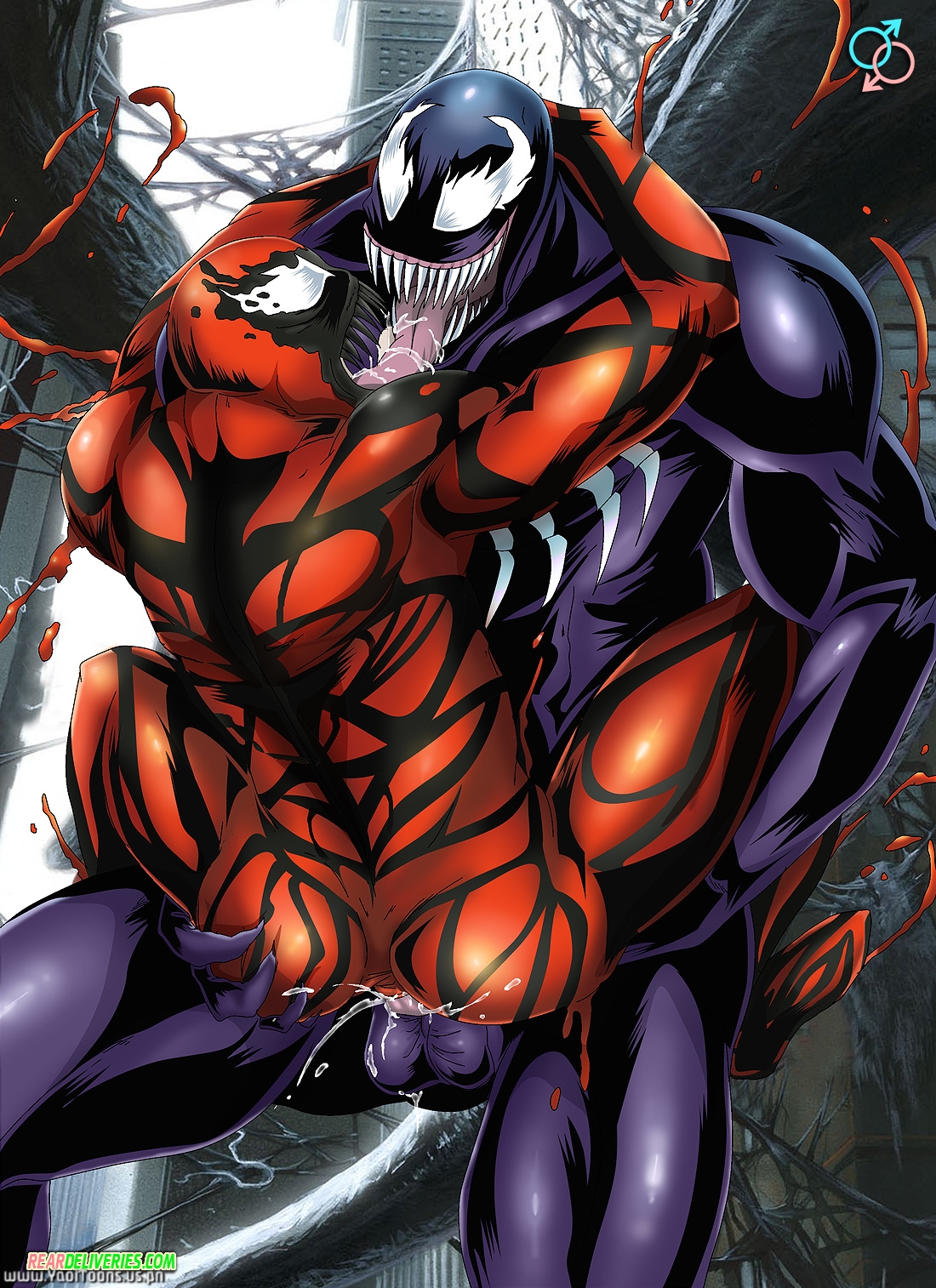 2boys, anal, bodypaint, carnage (marvel), color, detailed background, french kiss, french kissing, gay, holding partner, hugging, humanoid, humanoid on humanoid, looking at another, male, male only, male/male, marvel, marvel comics, muscular, muscular male, penetration, rear deliveries, saliva, sharp teeth, smooth skin, spider-man (series), text, tongue, tongue kiss, tongue out, uncensored, venom (marvel), web, yaoi