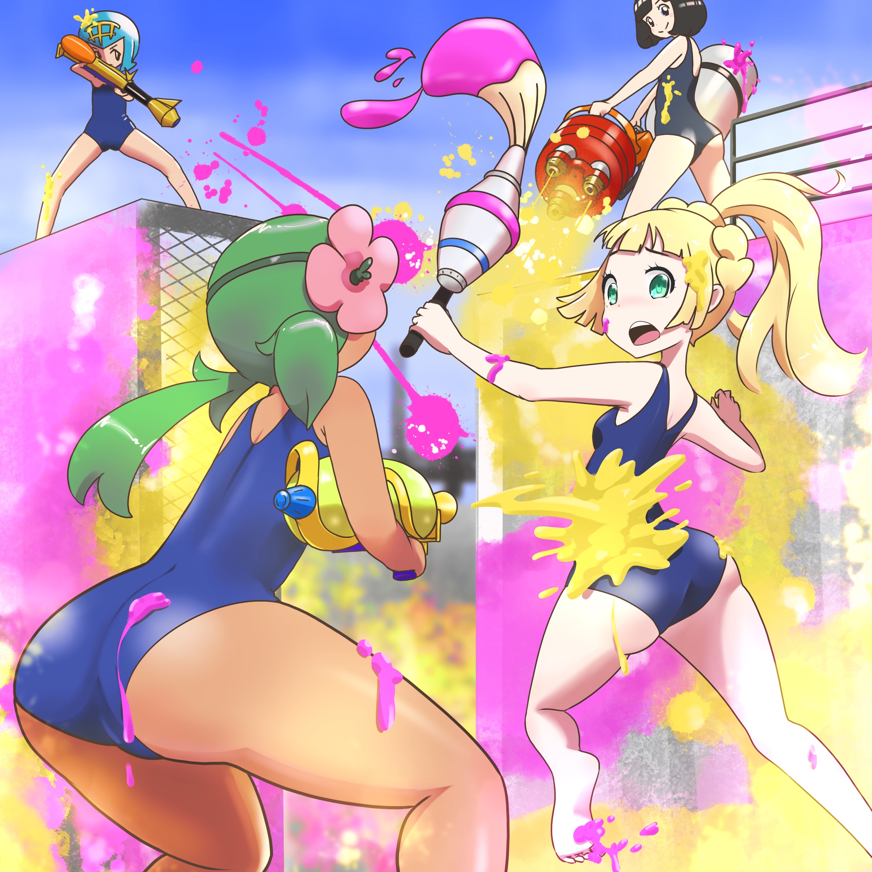ass, breasts, crossover, female, female only, huge ass, human, human only, lana (pokemon), lillie (pokemon), mallow (pokemon), messy, microsd (artist), nintendo, one-piece swimsuit, paint, pokemon, pokemon sm, selene (pokemon), splatoon