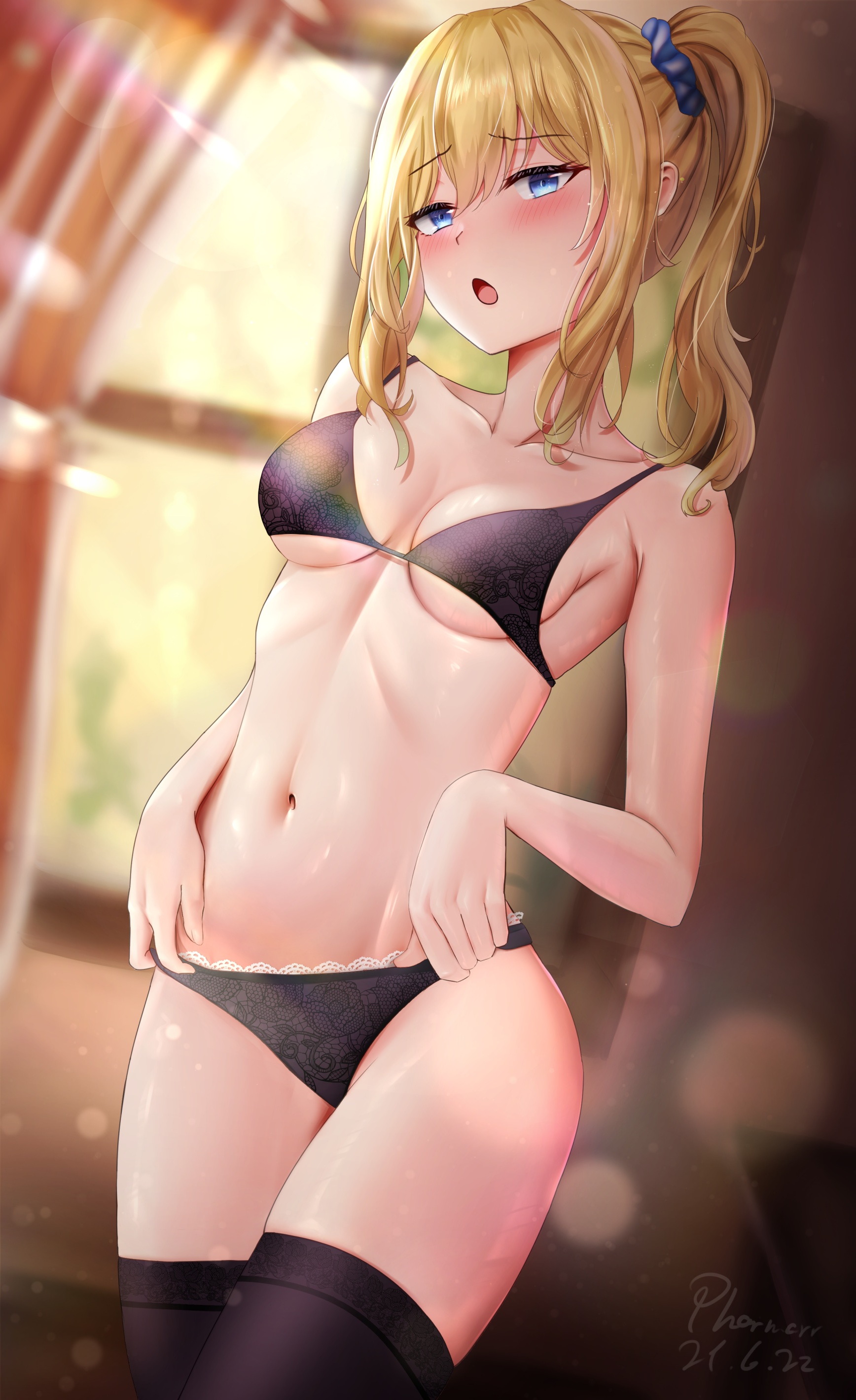 1girls, black bra, black legwear, black panties, blonde hair, blue eyes, blush, bra, breasts, cleavage, female, hair, hayasaka ai, highres, kaguya-sama wa kokurasetai ~tensai-tachi no renai zunousen~, legwear, looking at viewer, medium breasts, medium hair, panties, pharmarr, side ponytail, solo, standing, sweat, thighhighs, thighs, underwear, underwear only