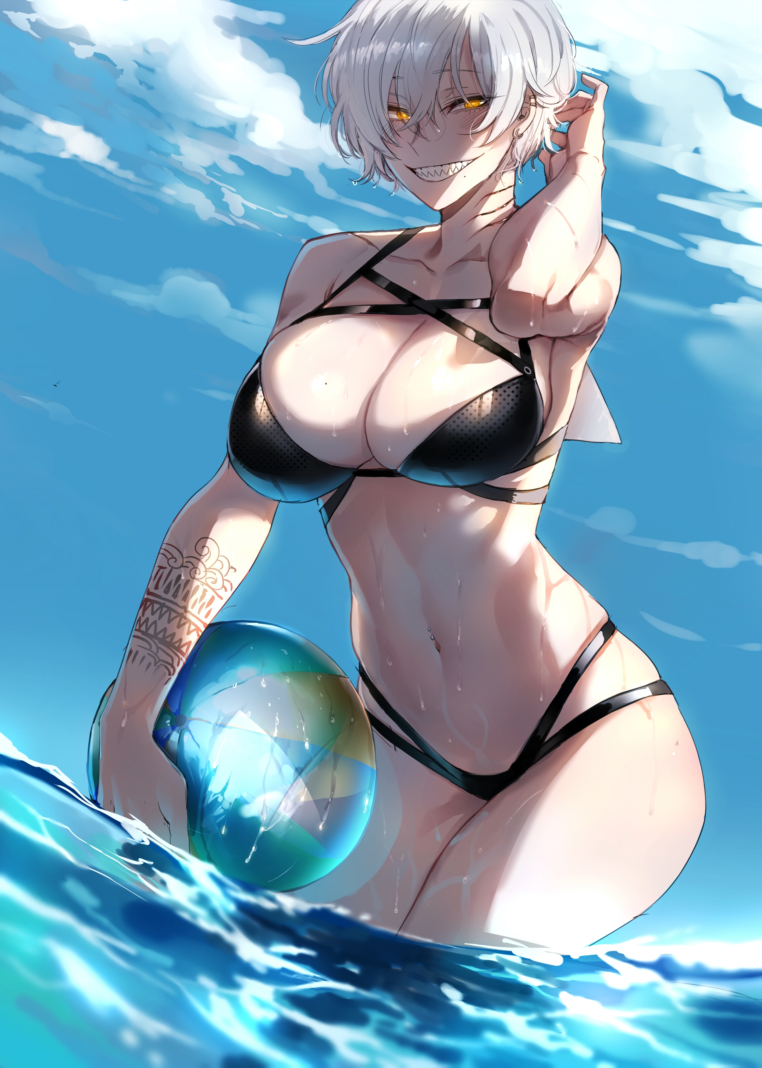 1girls, beach ball, big breasts, bikini, black bikini, breasts, female, female only, golden eyes, muscular, muscular female, ocean, original, outdoors, partially submerged, ratatatat74, shark, shark fin, shark girl, sharp teeth, short hair, smile, smiling, solo, tattoo, very short hair, water, white background, white hair, yellow eyes