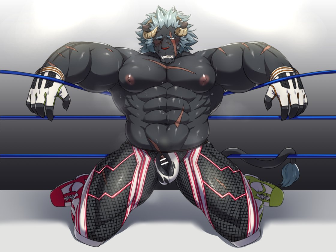 aaassstaro abs anthro big_biceps big_pecs blush bodily_fluids bottomwear censored clothing defeated embarrassed erection eye_scar facial_scar fighting_ring fingerless_gloves fishnet fishnet_bottomwear foreskin genitals gloves grey_mane handwear horn humiliation knee_pads kneeling krampus_(tokyo_afterschool_summoners) leaning leaning_back lifewonders male male_only mane micropenis monster muscular muscular_anthro muscular_male nipples open_mouth pecs penis penis_humiliation scar scribble_censorship serratus small_penis small_penis_humiliation solo spread_legs spreading sweat tail_tuft thick_thighs tokyo_afterschool_summoners torn_clothing tuft tusks video_games wrestling