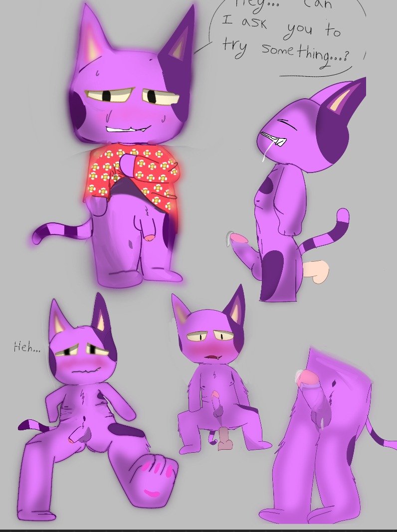 anal anal_sex animal_crossing anthro bob_(animal_crossing) bodily_fluids collage dialogue domestic_cat feet felid feline felis flaccid fur genital_fluids genitals male male/male mammal nervous_smile nervous_sweat nintendo penetration penis precum purple_body purple_fur solo video_games