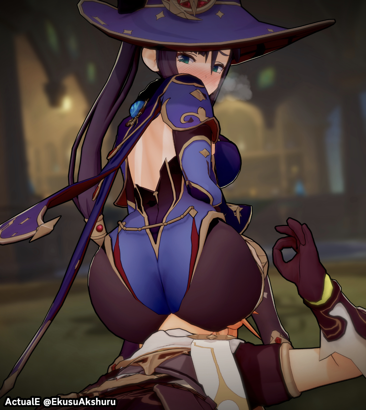 1boy, 1girls, actuale, aether (genshin impact), ass, ass on face, blurry background, blush, clothed, clothed facesitting, cunnilingus through clothes, facesitting, female, genshin impact, looking back, male, mona (genshin impact)