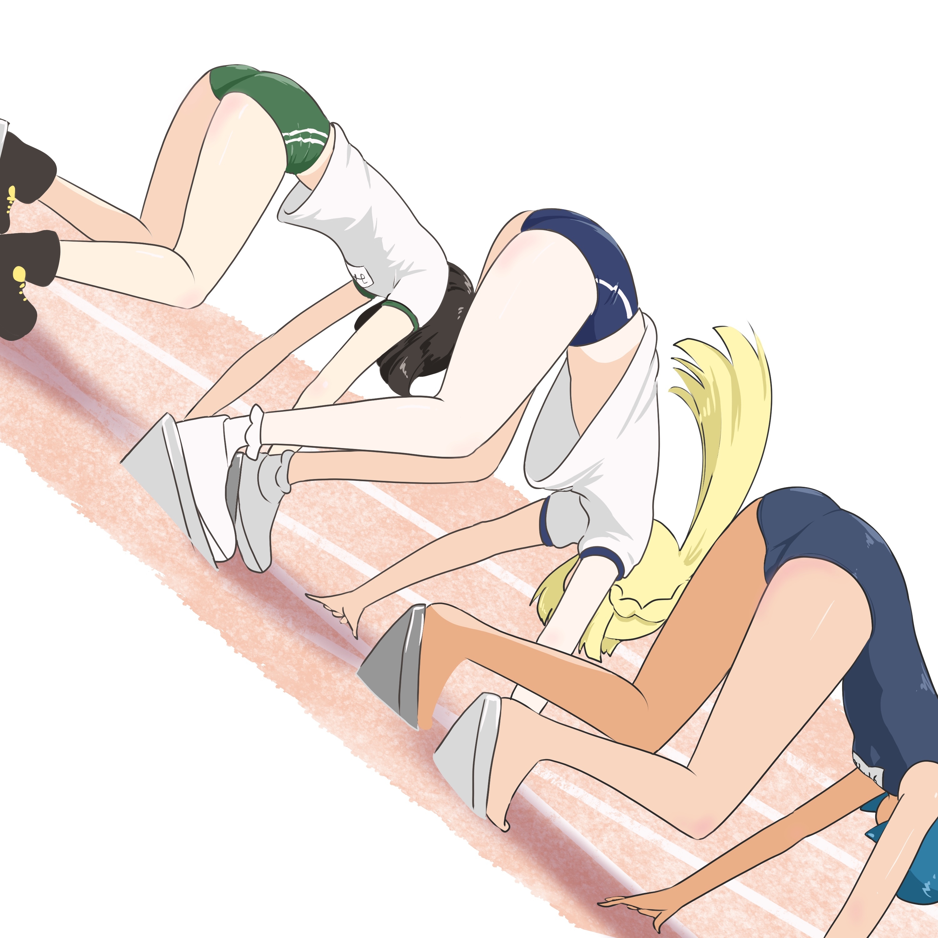 3girls, ass, ass up, black hair, blonde hair, blue hair, female, female only, human, human only, lana (pokemon), lillie (pokemon), microsd (artist), multiple females, multiple girls, nintendo, pokemon, pokemon sm, ponytail, selene (pokemon), short hair