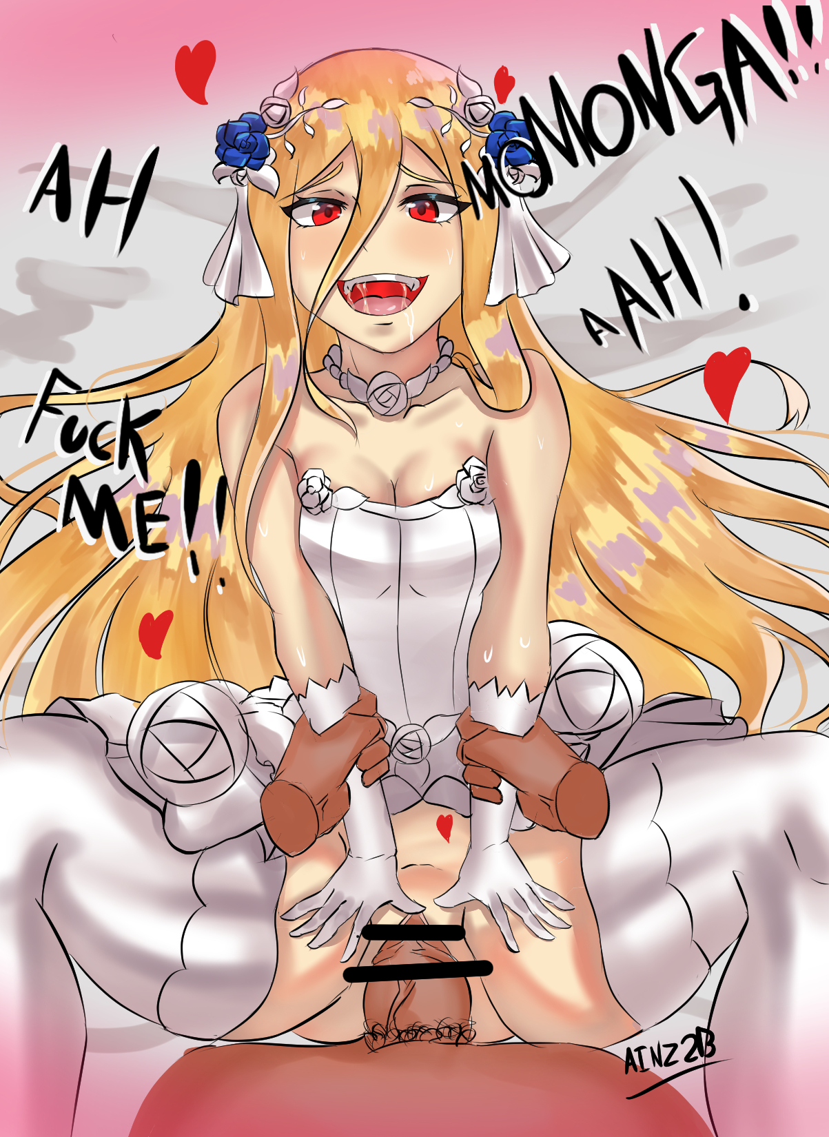 1boy, 1girls, ainz2b, alternate costume, blonde hair, bride, evileye, female, happy sex, laying down, long hair, male, missionary position, open mouth, overlord (maruyama), pussy, red eyes, spread legs, tagme, thick thighs, thighhighs, vaginal penetration, vampire