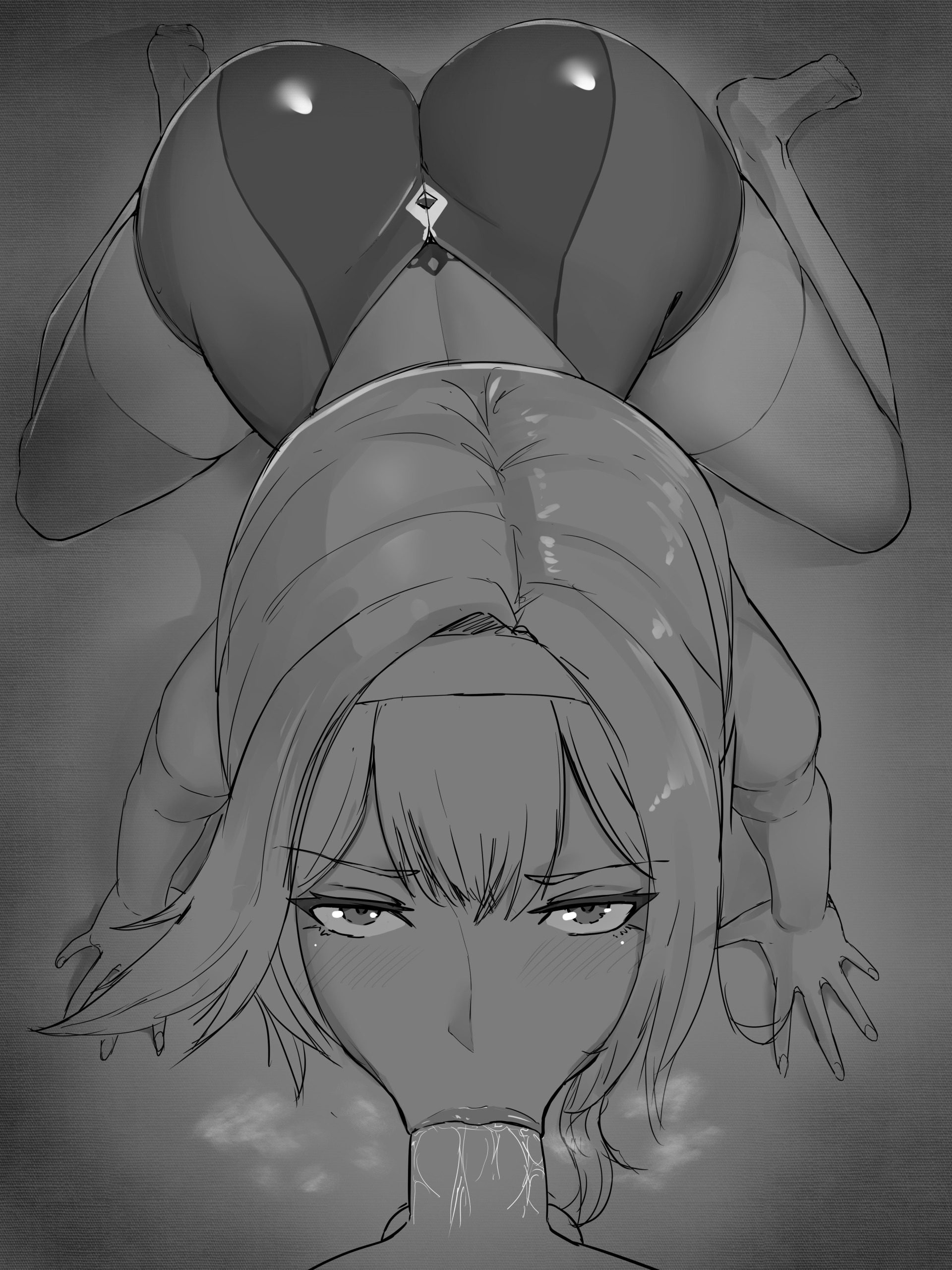 :>=, 1girls, all fours, ass, big ass, blowjob, blush, character request, copyright request, deep blowjob, deepthroat, erection, female, naughty face, on all fours, oral, seductive look, seductive mouth, sutada321