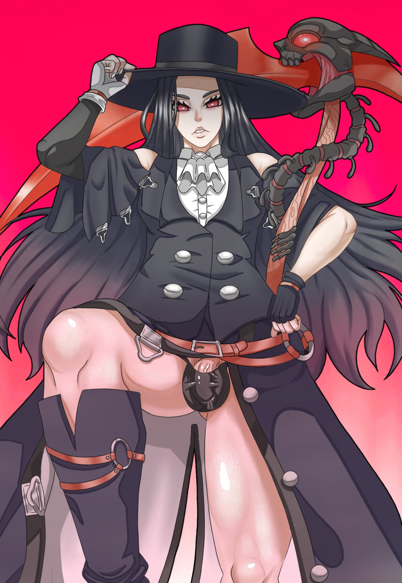 1boy, androgynous, arc system works, balls, balls bulge, black hair, boots, bulge, coat, femboy, feminine male, garuman22, girly, gloves, guilty gear, guilty gear strive, hat, long hair, male, panty bulge, penis, penis bulge, penis in panties, red eyes, testament (guilty gear), trap, weapon