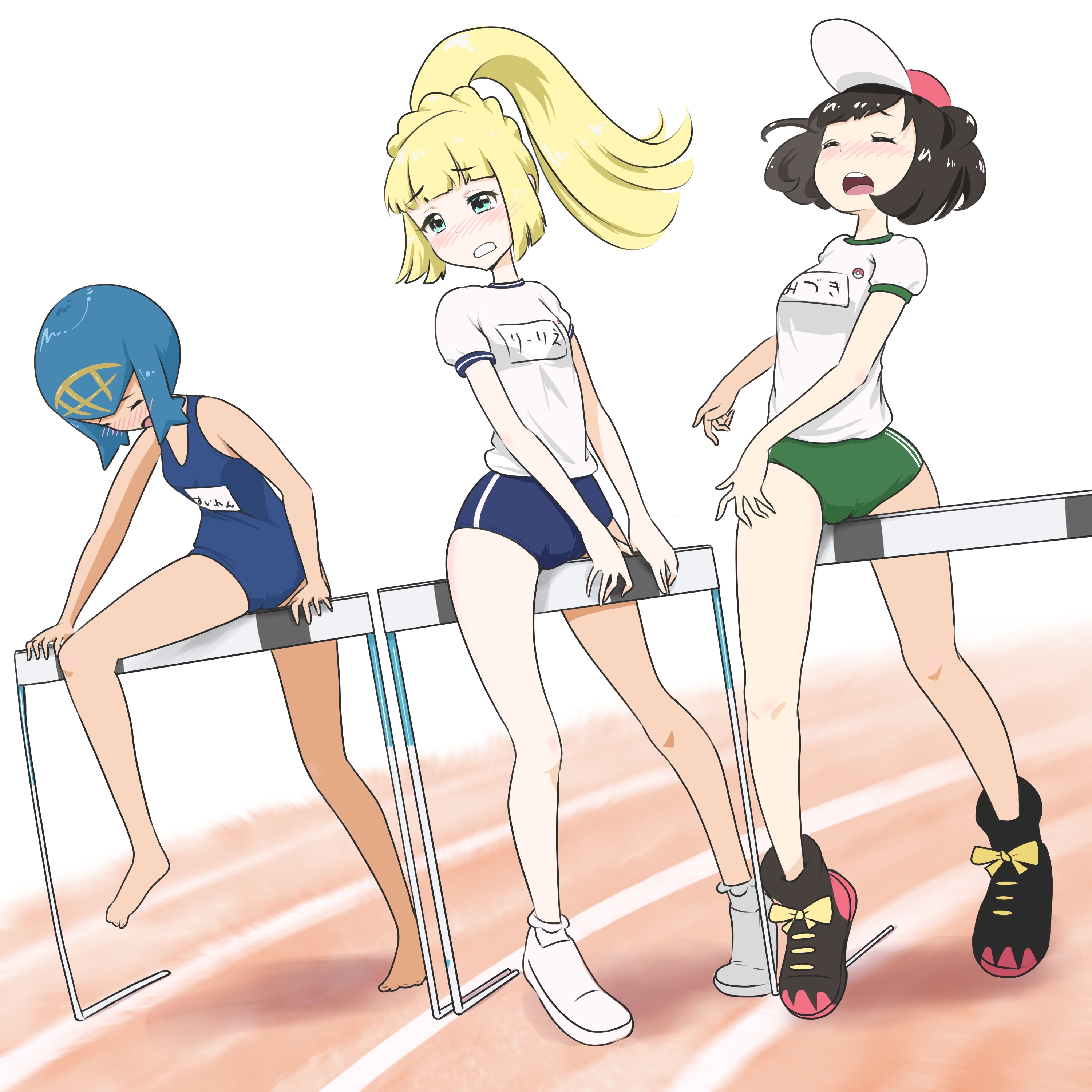 3girls, ass, barefoot, black hair, blonde hair, blue hair, blush, female, female only, grinding, grinding through clothes, hat, human, human only, hurdle, lana (pokemon), lillie (pokemon), masturbation, microsd (artist), mouth open, multiple females, multiple girls, nintendo, outdoors, pleasure face, pokemon, pokemon sm, ponytail, pussy, race track, rubbing, rubbing pussy, selene (pokemon), short hair
