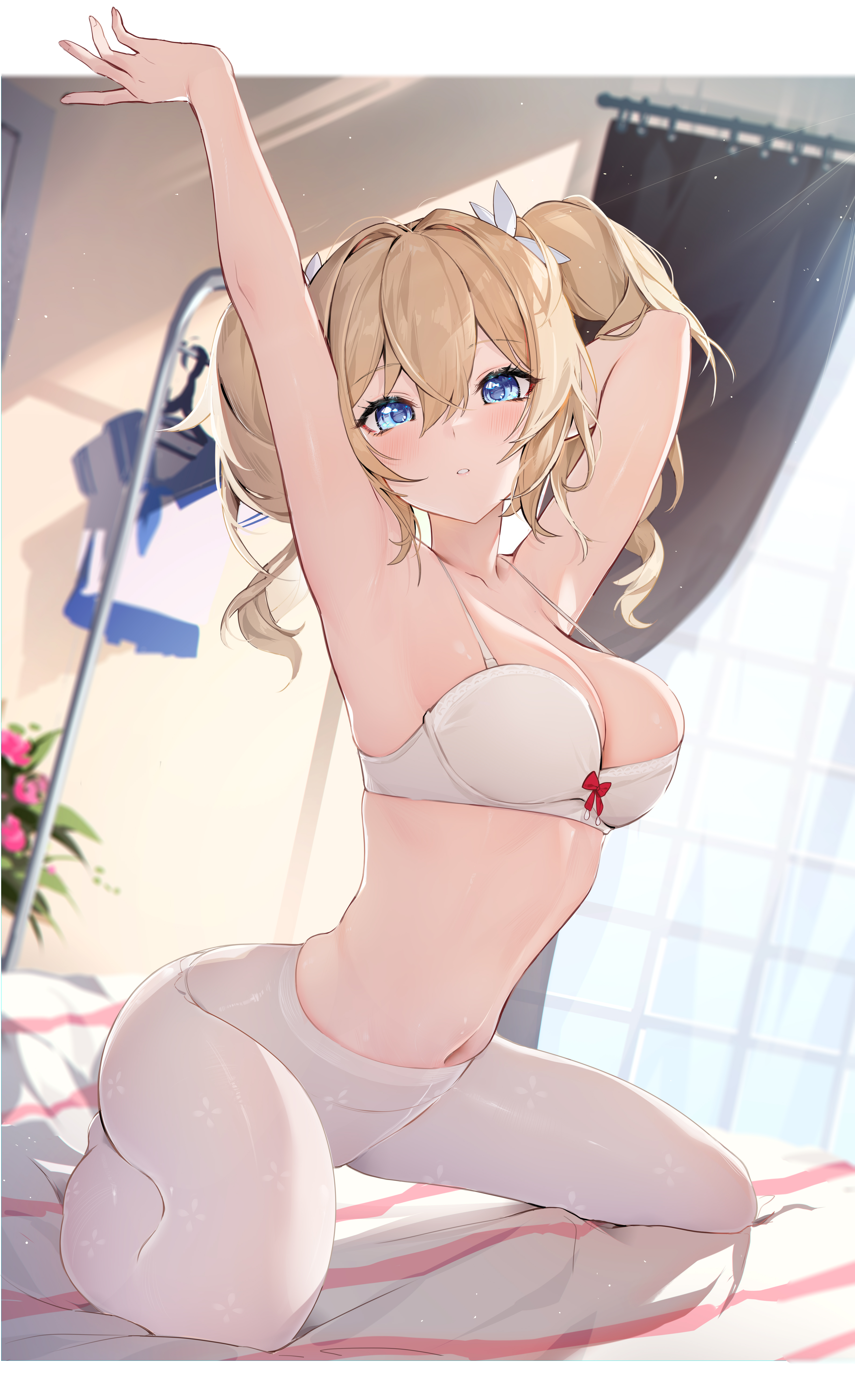 barbara (genshin impact), bed, big breasts, blonde hair, breasts, female, genshin impact, pantyhose, white panties