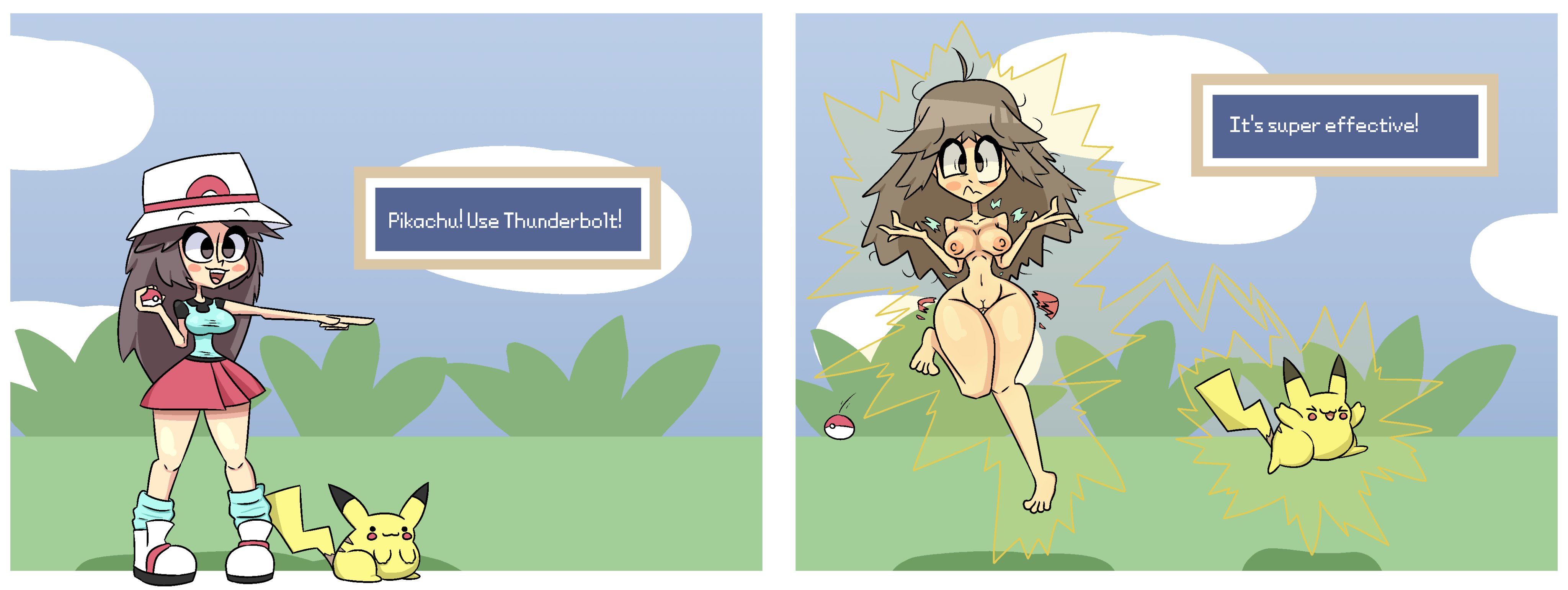 1girls, completely nude, electric shock, electricity, electrostimulation, embarrassed nude female, enf, female, female only, full body, green (pokemon), leaf (pokemon), naked, naked female, nude, nude female, pikachu, pokémon (species), pokemon, pokemon (species), pokemon frlg, shock, shocked, shocking, solo, solo female, sparks, strawberriexe, torn clothes, wardrobe malfunction