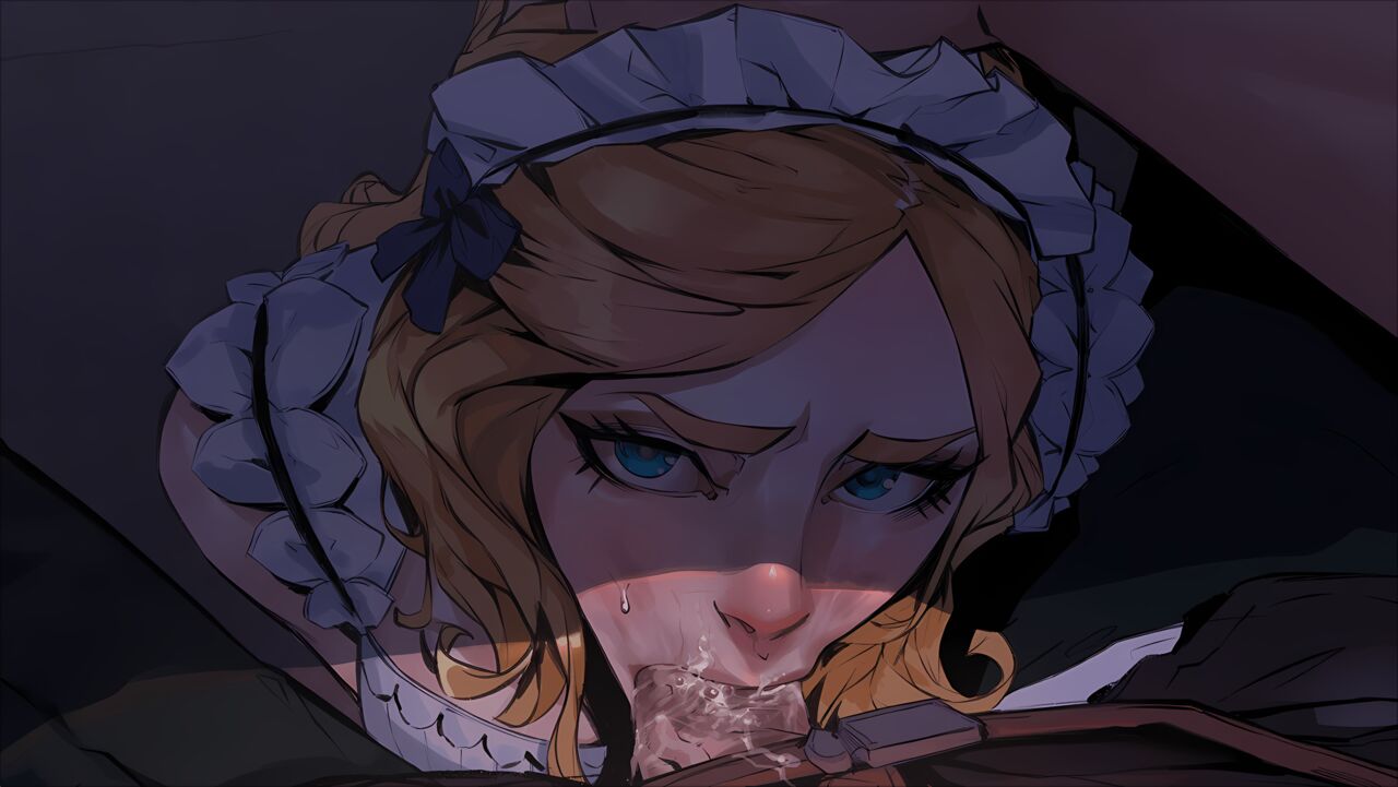 1boy, 1girls, blonde female, blonde hair, blowjob, blue eyes, cum, cum in mouth, cum on face, cum stain, faceless, faceless male, fantasy, female, female focus, grabbing head, hand on head, human, light skin, light-skinned female, light-skinned male, looking at partner, looking up, maid, maid headdress, maid uniform, male, medieval, oral, penis, rowan blackwell, seeds of chaos, servant, under table, under the table, veiny, veiny penis