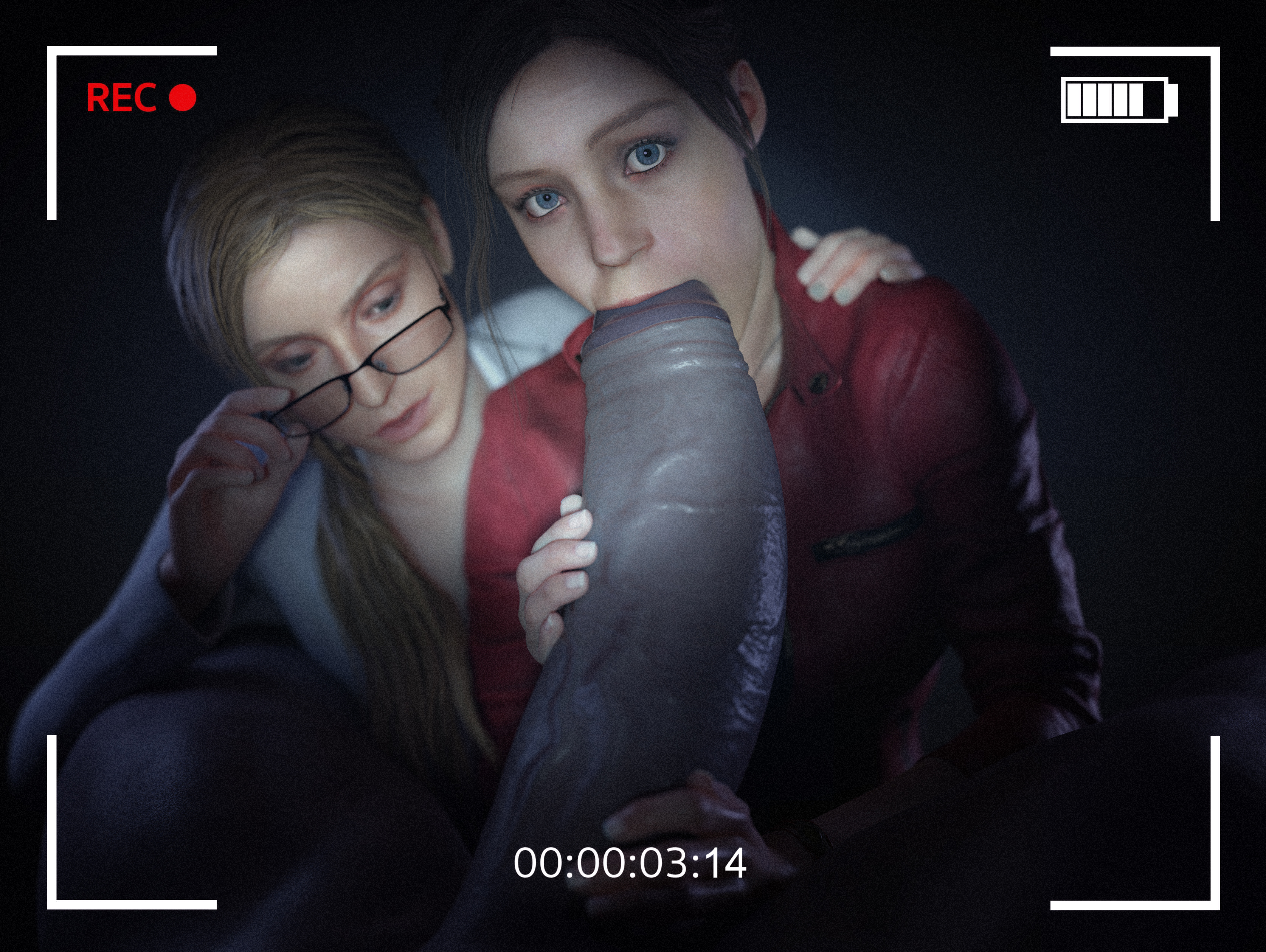 1boy, 1monster, 2girls, 3d, annette birkin, annette birkin (malgorzata dittmar), batesz, biohazard, blender, blowjob, capcom, claire redfield, erection, fellatio, female, ffm threesome, glasses, huge cock, labcoat, light skin, light-skinned female, looking at viewer, male, mature female, milf, monster, mr x, oral, oral sex, penis, pov, resident evil, resident evil 2, resident evil 2 remake, sex, straight, straight sex, tyrant, unseen male face