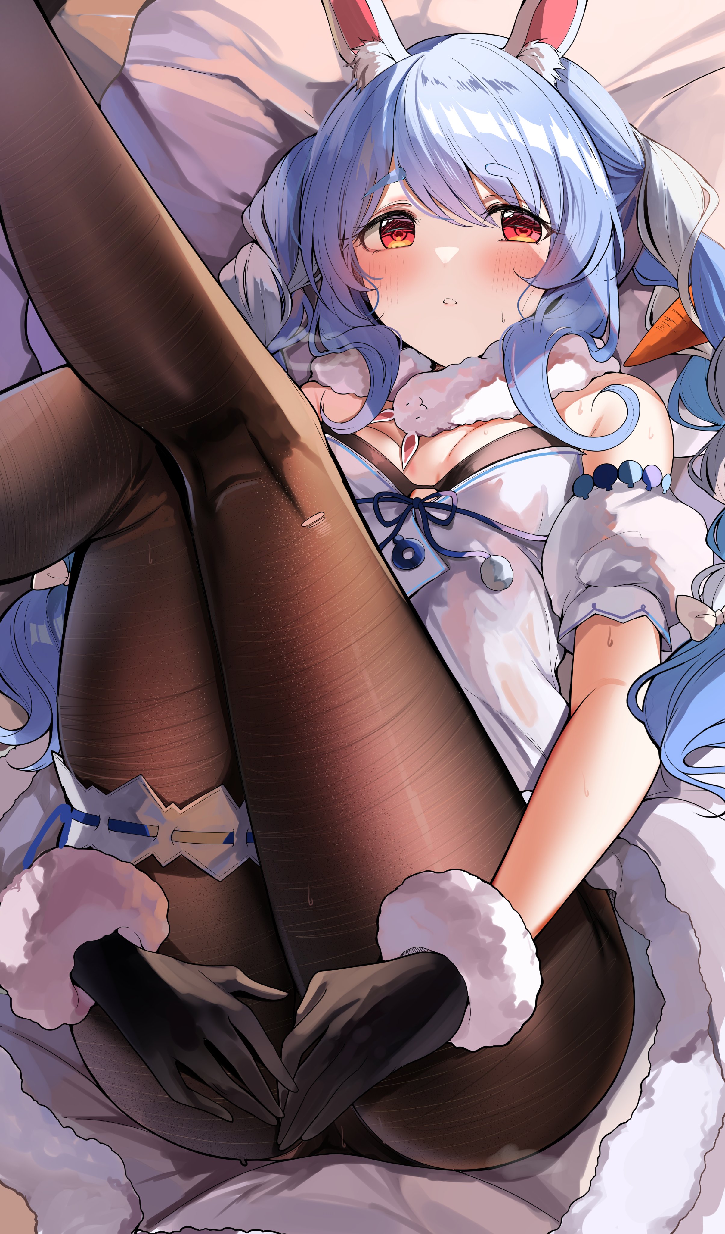 absurdres, animal ear fluff, animal ears, bare shoulders, black gloves, black pantyhose, blue hair, braid, breasts, carrot hair ornament, detached sleeves, don-chan (usada pekora), female, food-themed hair ornament, gloves, hair ornament, highres, hololive, hololive fantasy, hololive japan, legs up, long hair, looking at viewer, lying, medium breasts, multicolored hair, on back, pantyhose, parted lips, puffy short sleeves, puffy sleeves, rabbit ears, rabbit girl, sak (lemondisk), short sleeves, solo, thick eyebrows, torn clothes, torn legwear, twin braids, twintails, two-tone hair, usada pekora, virtual youtuber, white hair