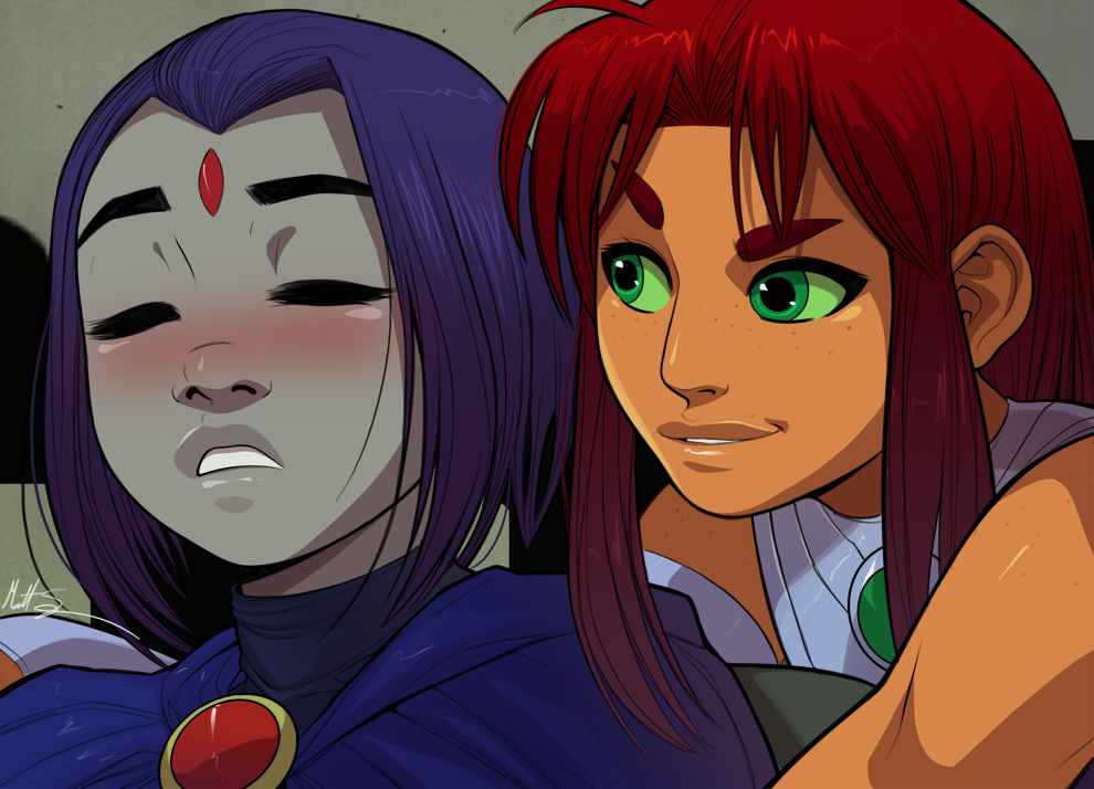 2girls alien alien_girl biting_lip blush clothed dc dc_comics female female_only freckles green_eyes green_skin implied_fingering implied_masturbation koriand'r lesbian offscreen_fingering offscreen_masturbation orange_skin purple_hair rachel_roth raven_(dc) red_hair redraw starfire teen_titans triplexmile yuri zone