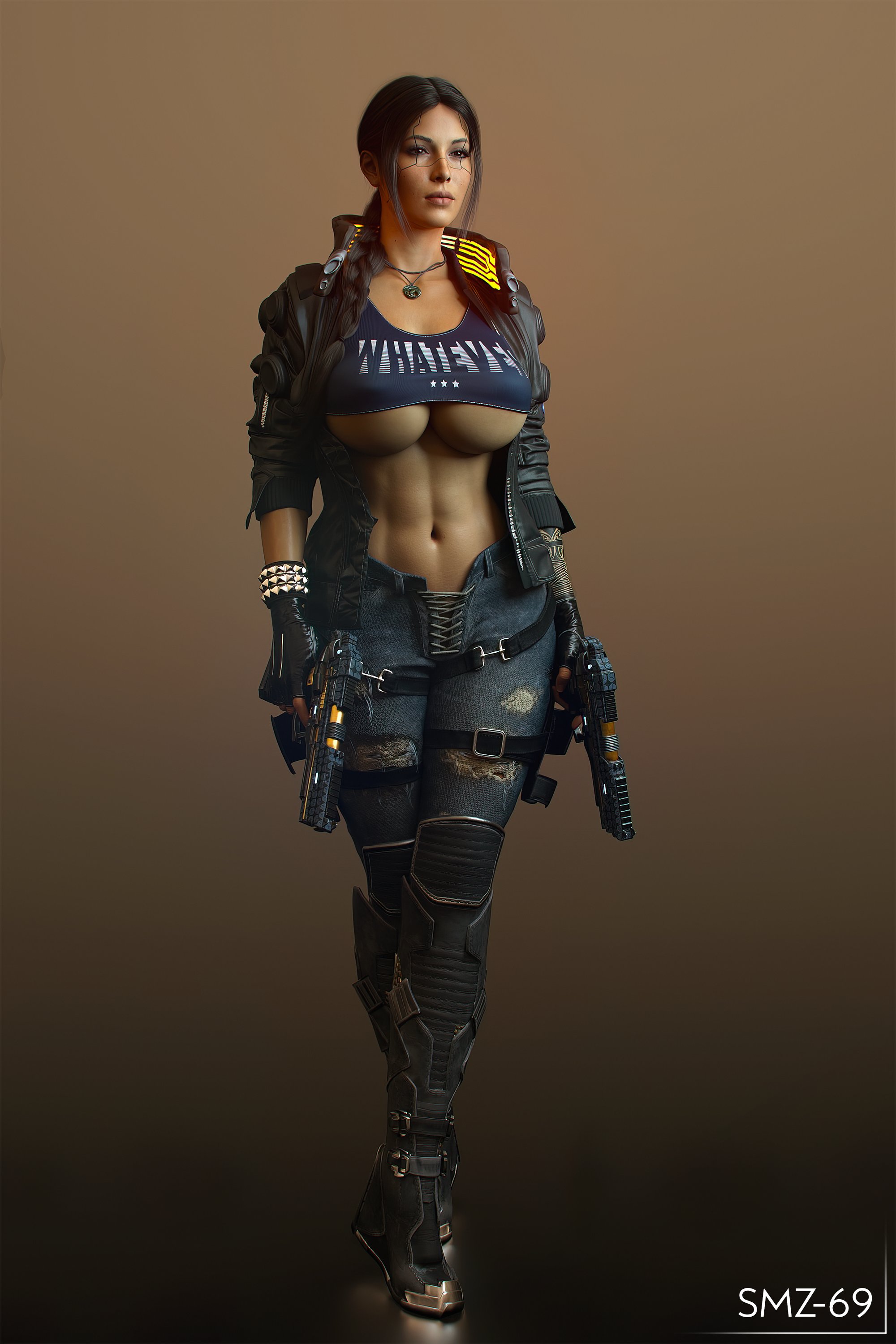 1girls, 3d, absurd res, big breasts, breasts, cd projekt red, crossover, cyberpunk 2077, female, female only, firearm, footwear, handgun, handwear, hi res, human, lara croft, lara croft (survivor), outerwear, pale skin, smz-69, solo, thick thighs, tomb raider, tomb raider (survivor), underboob, weapon