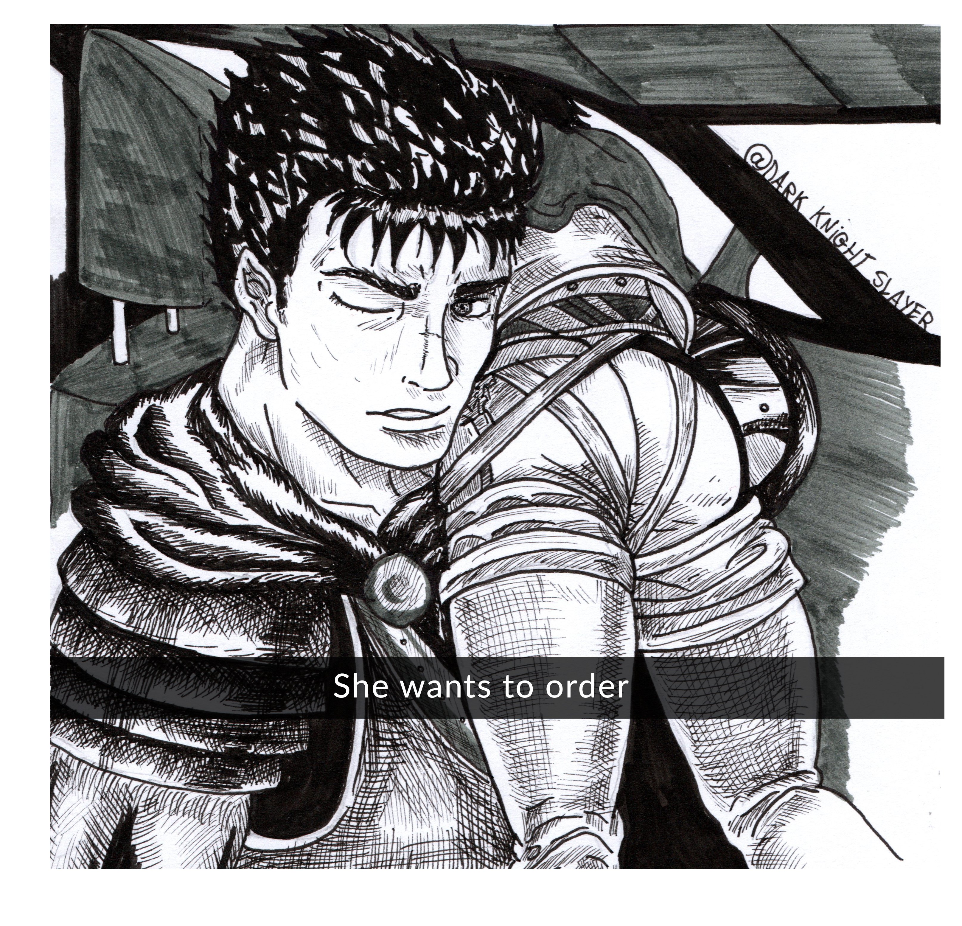 1boy, 1girls, ass, ass focus, ass up, berserk, big ass, casca, clothing, english text, female, guts (berserk), he wants to order, human, male, meme, monochrome, selfie, snapchat, text