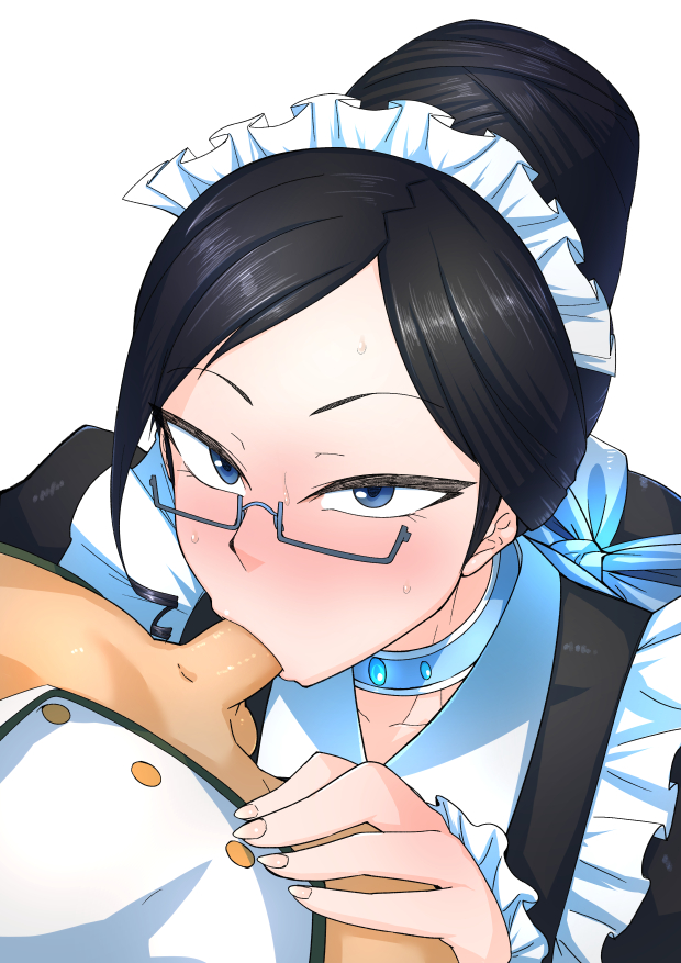 1boy, 1girls, black hair, blush, clothed female, clothed sex, fellatio, female, glasses, maid, maid headdress, maid uniform, male, mare bello fiore, oral, overlord (maruyama), tagme, tied hair, yuri alpha, zeiminarai