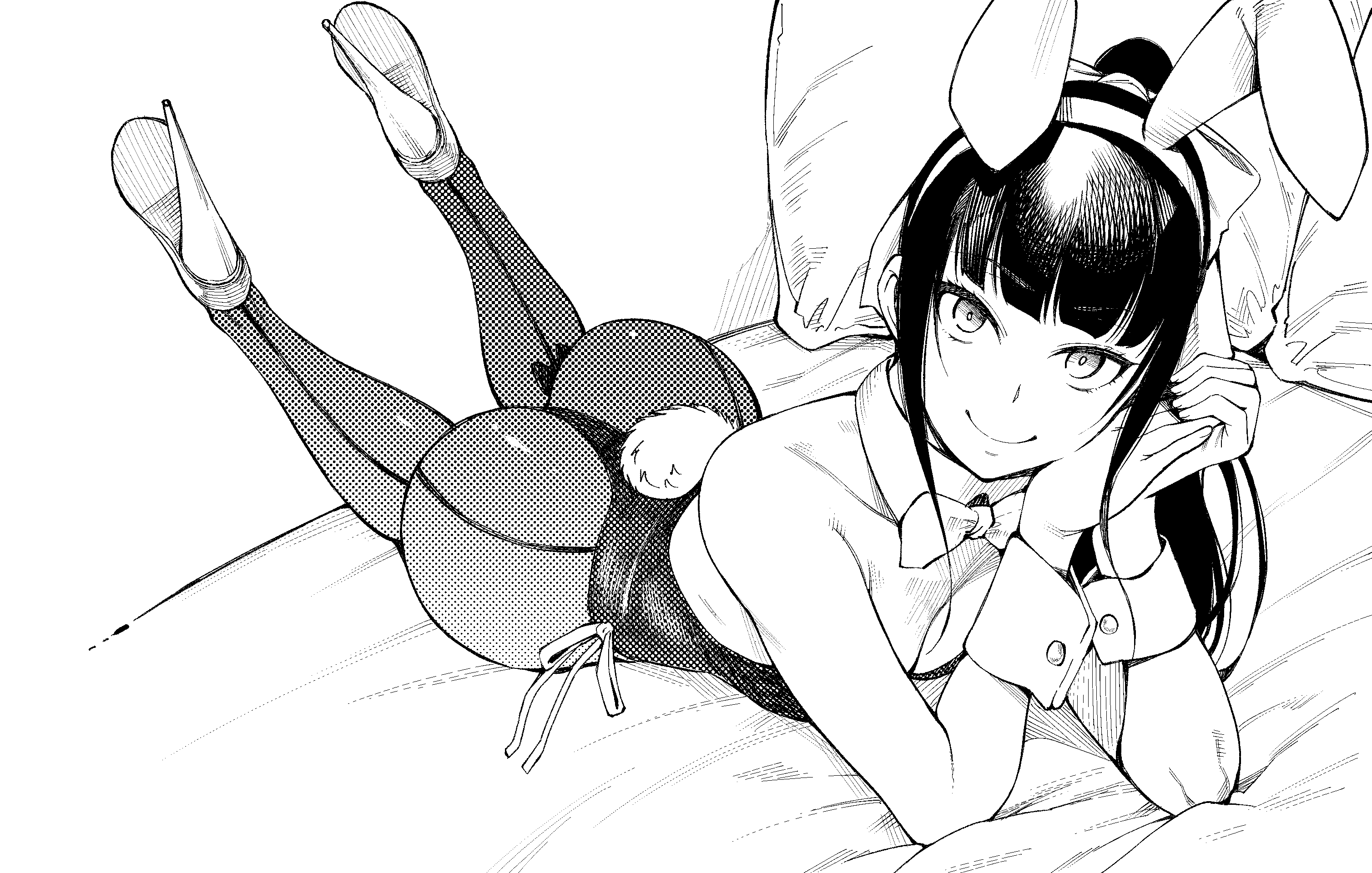 1girls, animal ears, ass, bed, breasts, cleavage, closed mouth, cuff links, fake animal ears, fake tail, female, greyscale, high heels, leotard, looking at viewer, lying, monochrome, narberal gamma, on bed, on stomach, overlord (maruyama), pantyhose, pillow, playboy bunny, ponytail, rabbit ears, rabbit tail, smile, tail, tarakan, thong leotard